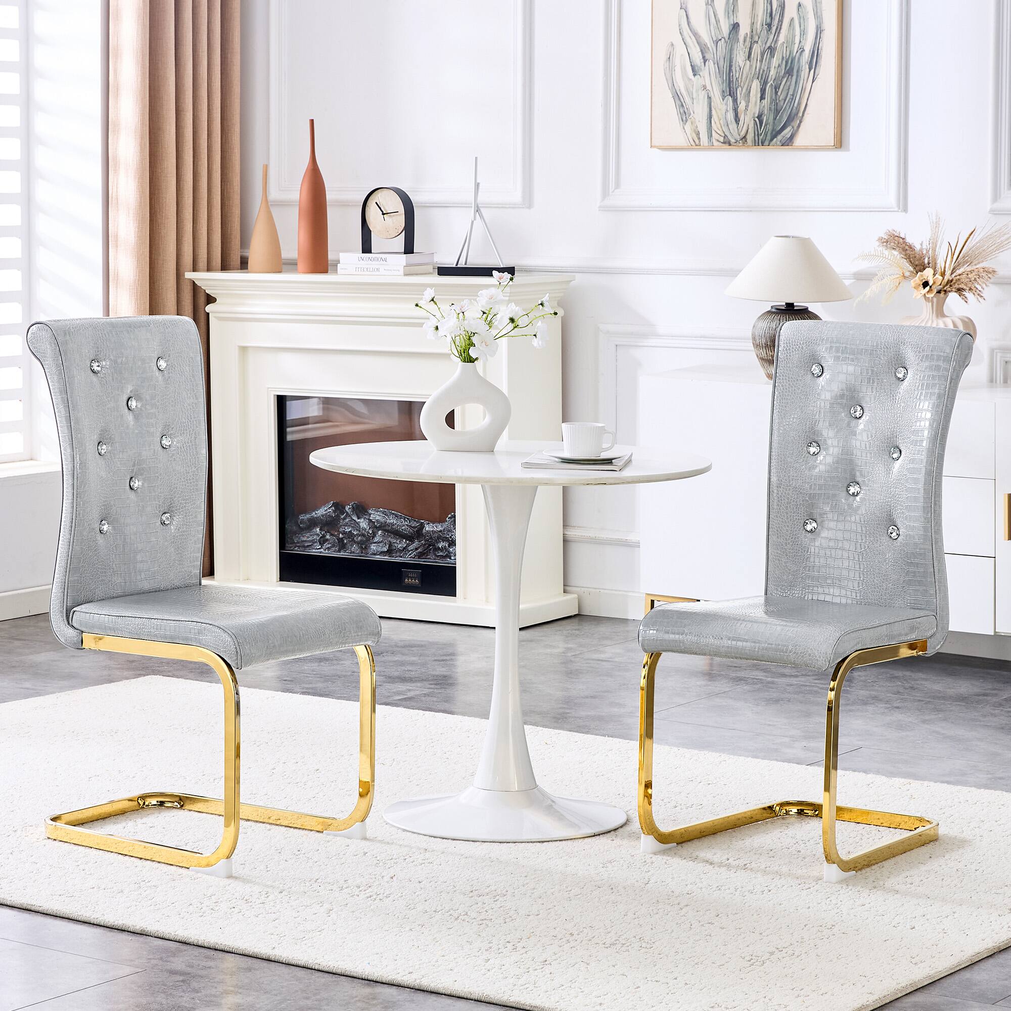 Left. Loheer - Set of 2 Faux Leather Dining Chairs Retro Alligator Skin Gold Bow Leg Crystal Tufted Seating 16.4x22.4x39.6 inches - Gray.