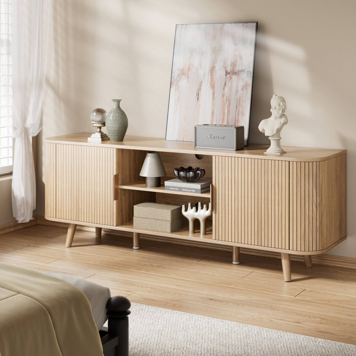 Angle. Furnulem - TV Cabinet Stands for TVs up Entertainment Center with Storage Shelf Media Console Table with Drawers for Living Room - Yellow.