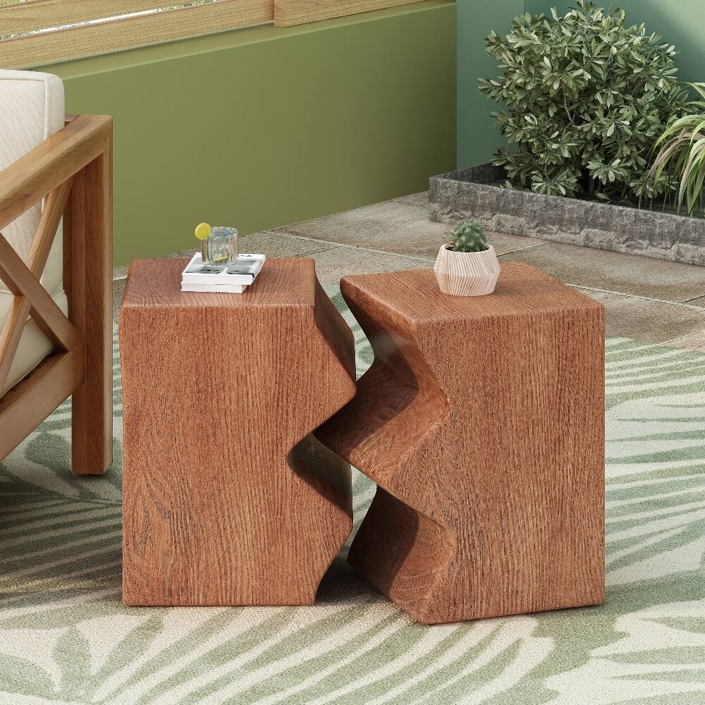 Left. Loheer - Loheer MGO Side Table Set of 2 Rectangular Outdoor Side Tables Faux Wood Garden Stools Accent Table Natural Color - Natural.