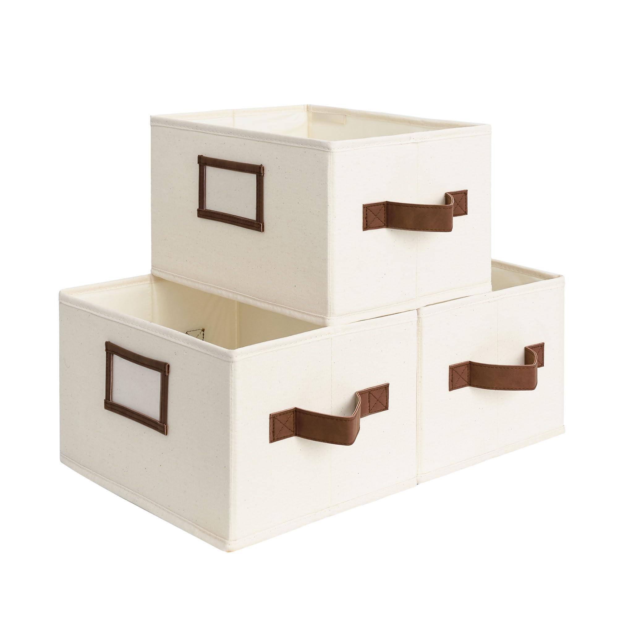 Front. Dapper Styles - Storage Baskets For Shelves Foldable Fabric Closet Bins With Handles Clothes Organizer & 3-pack - Ivory White-14 ¾" L x 10 ¼" W x 8" H.