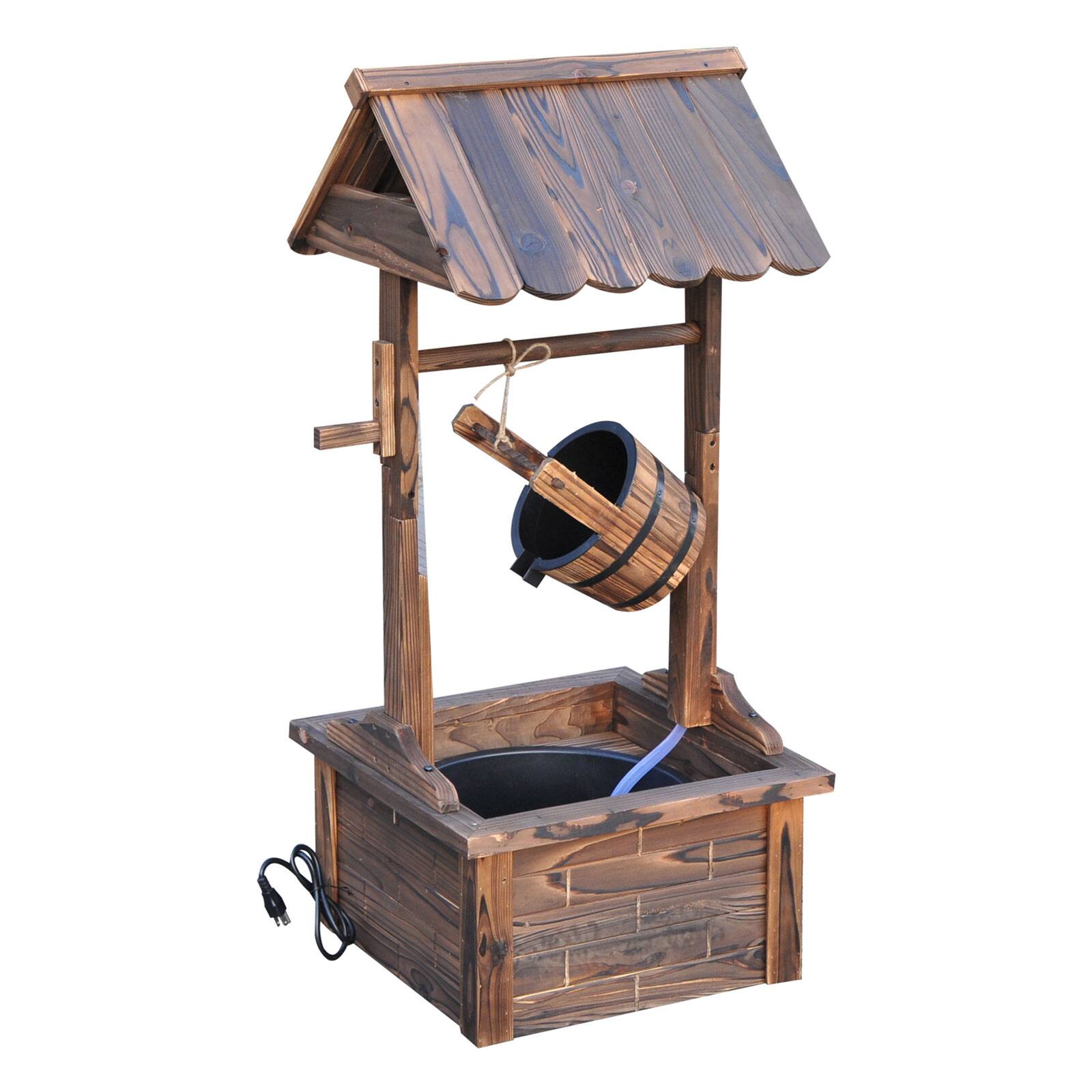 Outsunny - Wooden Wishing Well Fountain with Adjustable Water Flow Rate, Rustic Waterfall Fountain - Carbonized brown