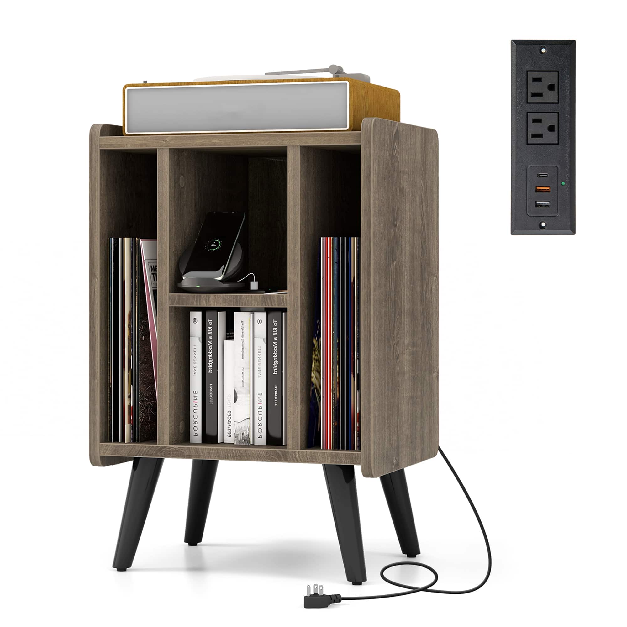 Gymax - Record Player Stand w/ 4 Storage Compartments Supporting Legs Charging Station - Grey Oak