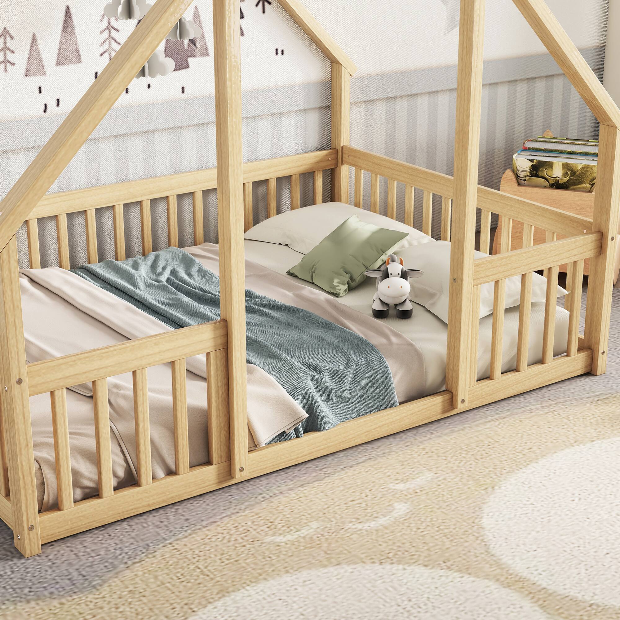 Alt View 8. GOODSILO - House-Shaped Floor Bed with Protective Fence and Guardrails for Children's Bedroom - Natural.