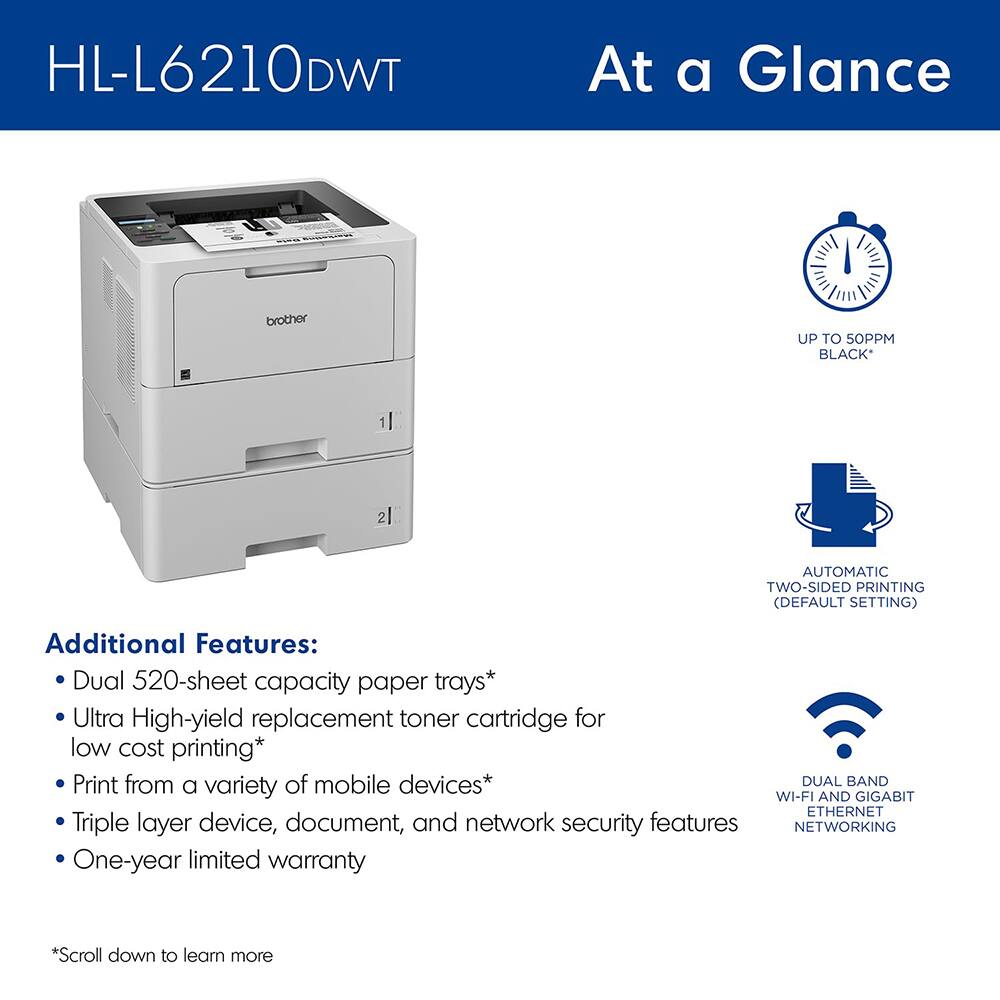 HL-L6210DWT

At a Glance

brother

UP TO 50 PPM BLACK*

1

2

Additional Features:
- Dual 520-sheet capacity paper trays*
- Ultra High-yield replacement toner cartridge for low cost printing*
- Print from a variety of mobile devices*
- Triple layer device, document, and network security features
- One-year limited warranty

*Scroll down to learn more

AUTOMATIC TWO-SIDED PRINTING (DEFAULT SETTING)

DUAL BAND WI-FI AND GIGABIT ETHERNET NETWORKING