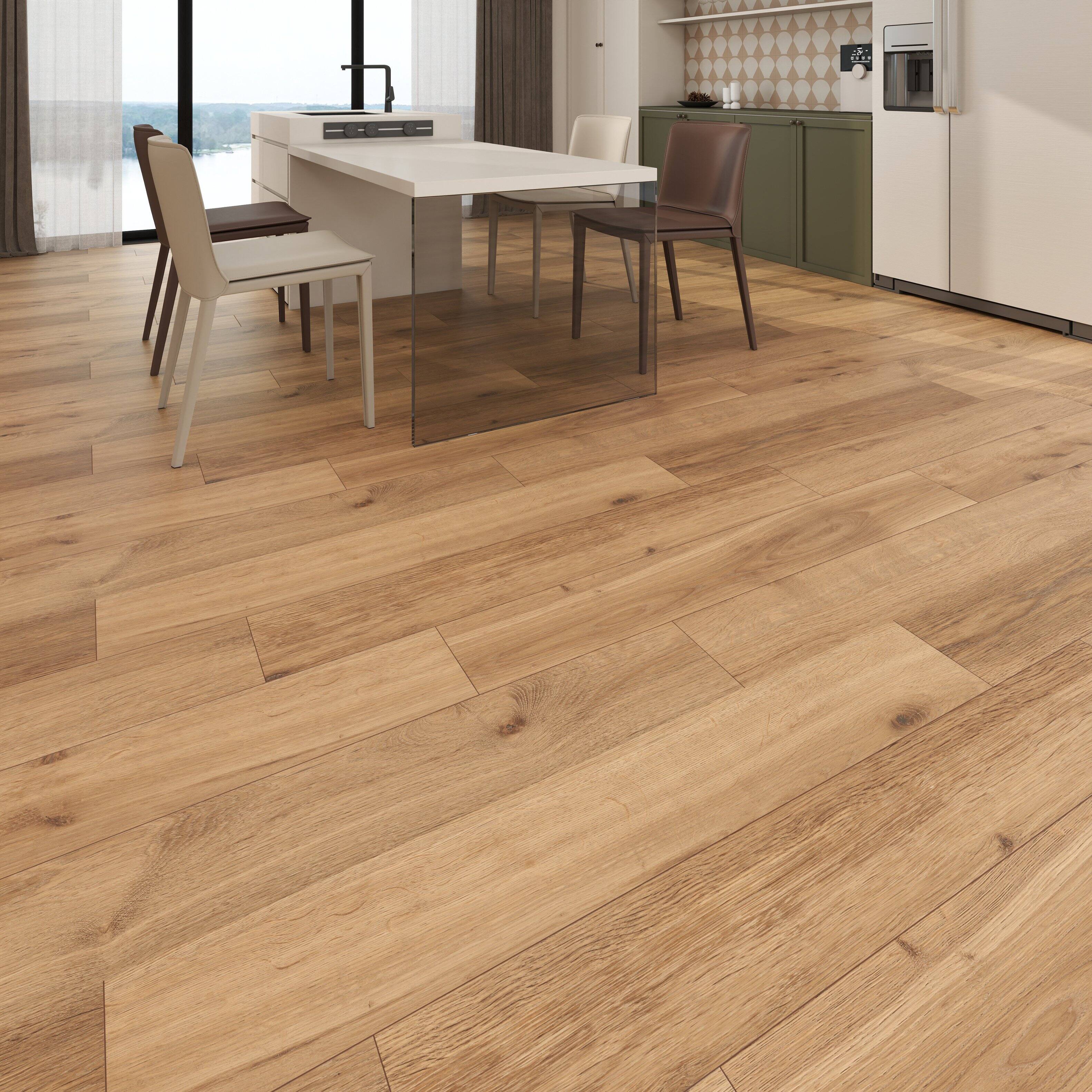 Angle. Dotfloor - Superoak Lite Laminate Flooring - 48"x7.7" Planks, 10 Planks/Box (25.6 sq ft/Box), 9.5mm Thick, AC4 Wear Rating - Natural Hickory.