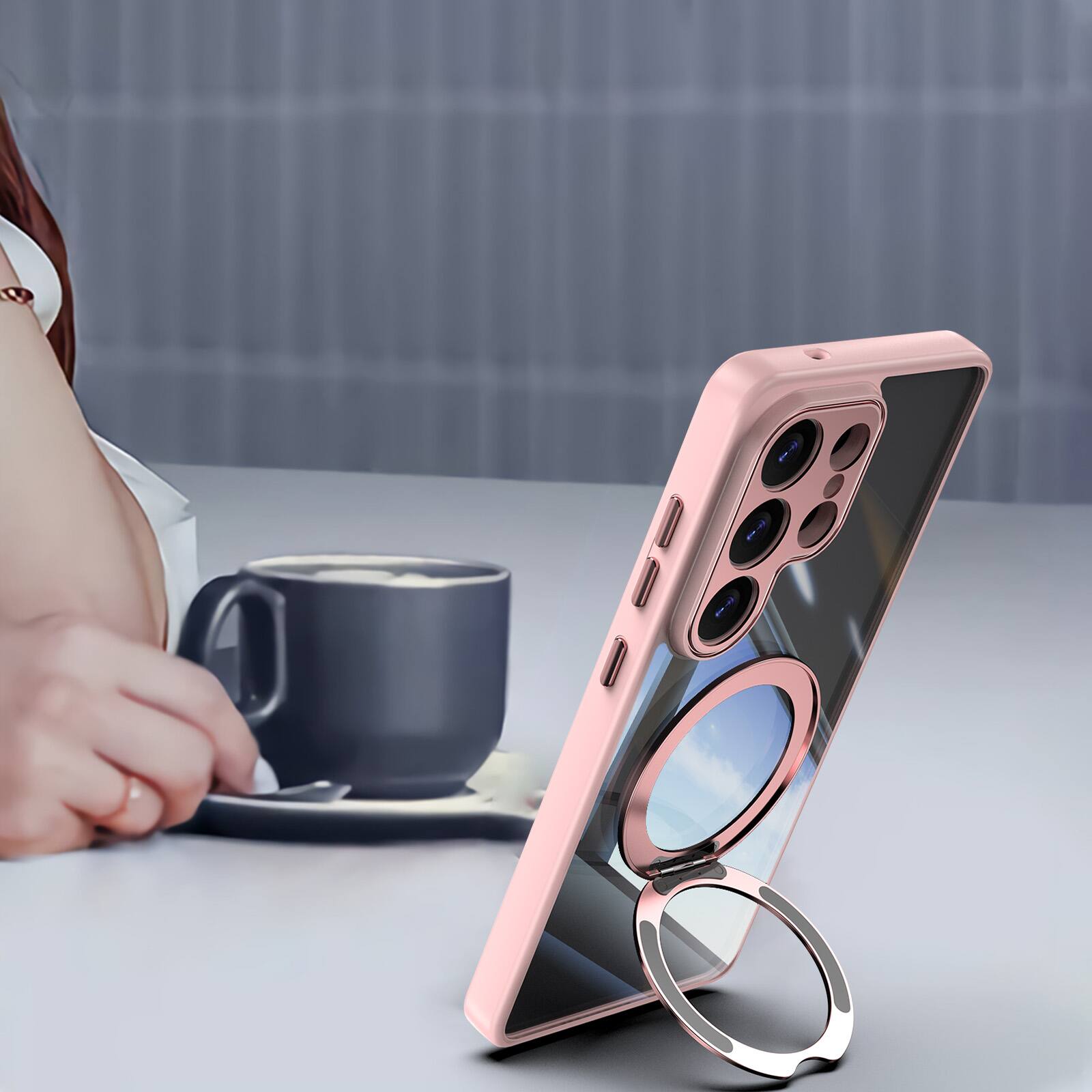 Alt View 4. Dteck - Magnetic Clear Case For Samsung Galaxy S26 Ultra, Shockproof Anti-Scratch 360° Ring Holder Stand PC+TPU Protection Cover - Pink.