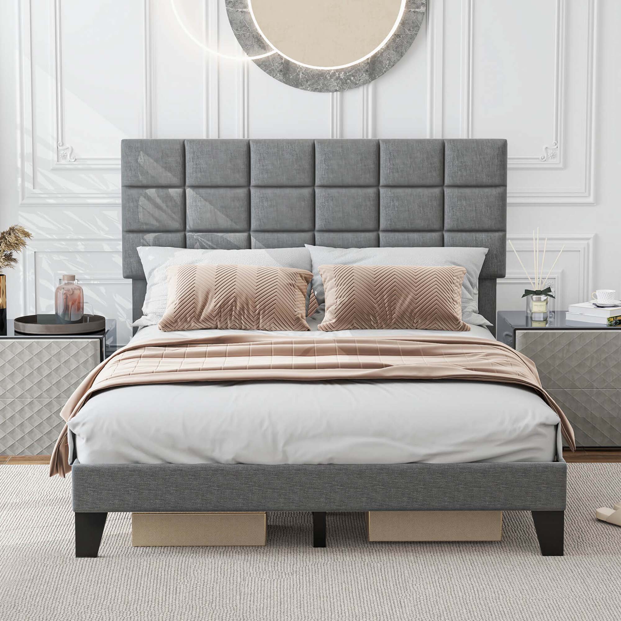 Back. Costway - Queen Size Bed Frame Modern Linen Fabric Upholstered Platform Bed with Headboard - Gray.