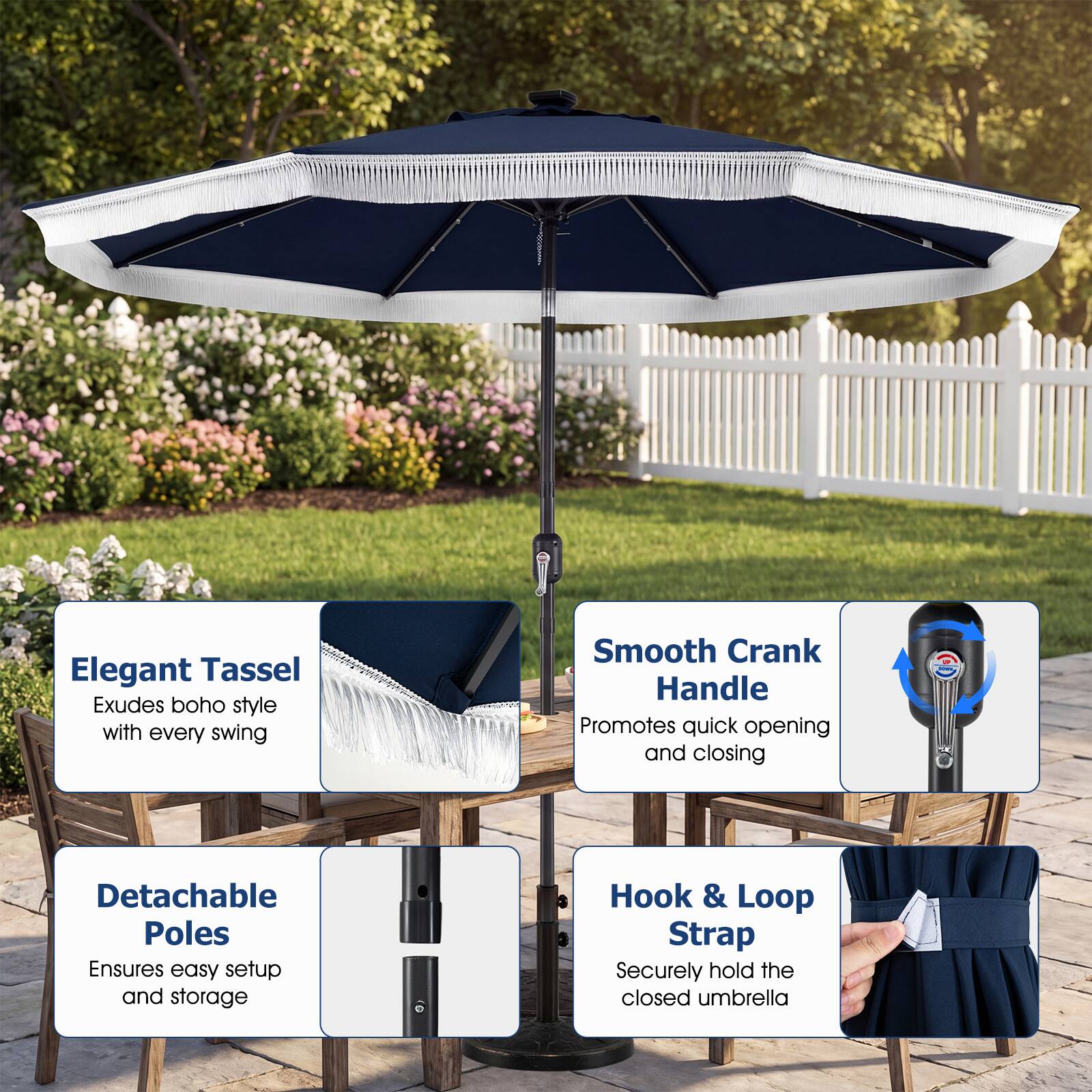 Elegant Tassel  
Exudes boho style with every swing  

Smooth Crank Handle  
Promotes quick opening and closing  

Detachable Poles  
Ensures easy setup and storage  

Hook & Loop Strap  
Securely hold the closed umbrella