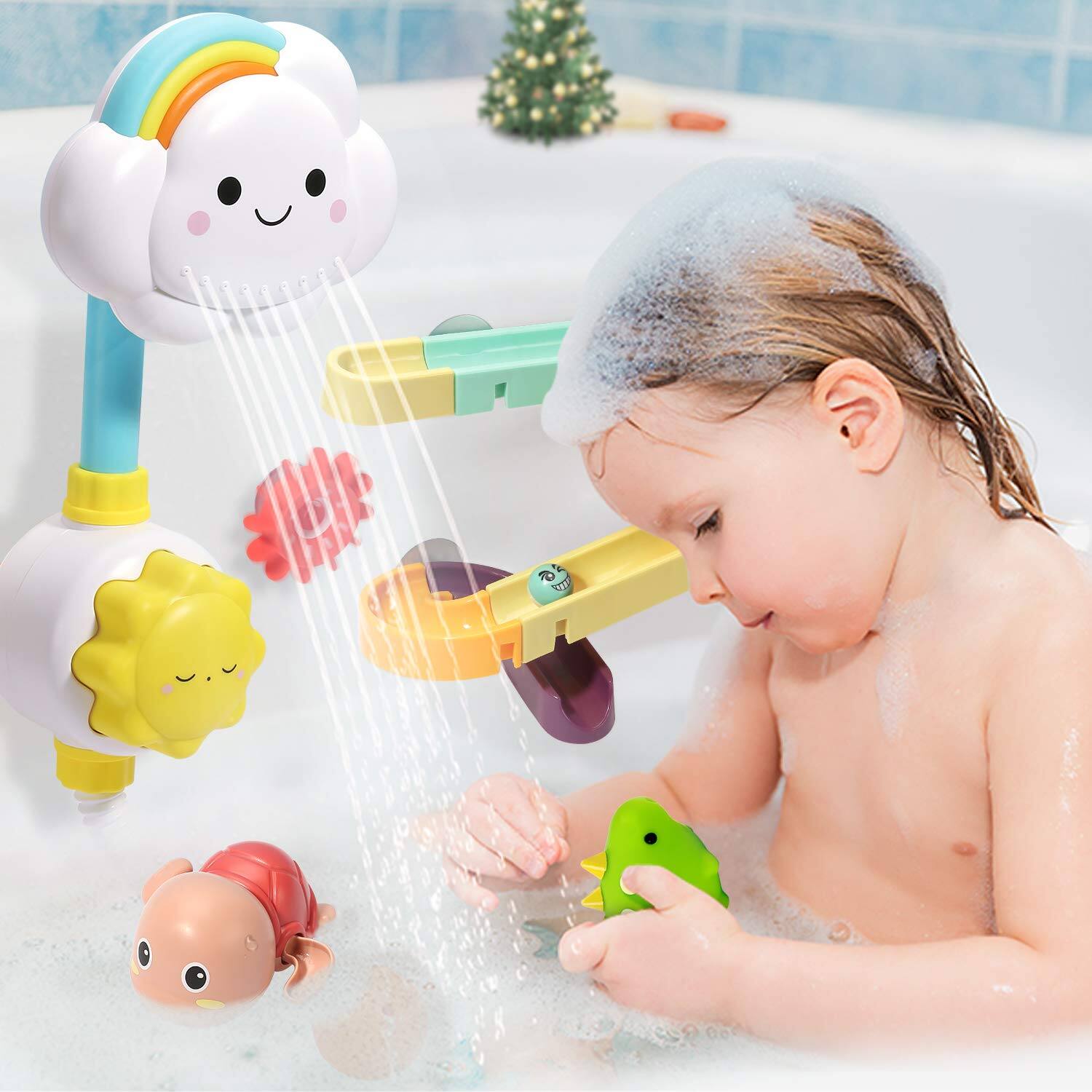 Left. CUTE STONE - 33 PCS Bath Toys for Toddlers, Bathtub Toy Set with Shower, Marble Run, Fishing Game, Floating Dinosaur & Duck Water Toy.