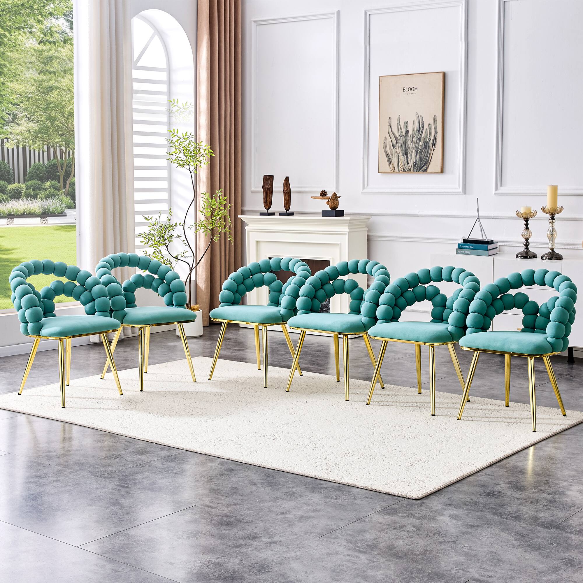 Alt View 1. Loheer - Loheer Teal Dining Chairs Set of 2 Bubble Back Velvet Accent Chairs, 1.92 ft x 1.58 ft x 2.67 ft - Gold,Teal.