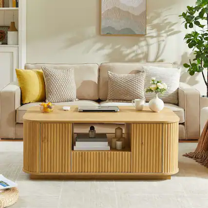 Front. Lirago - 47" Modern Oval Coffee Table Natural with Drawers Storage Open shelving Compartments Curved Contour Design - Brown.