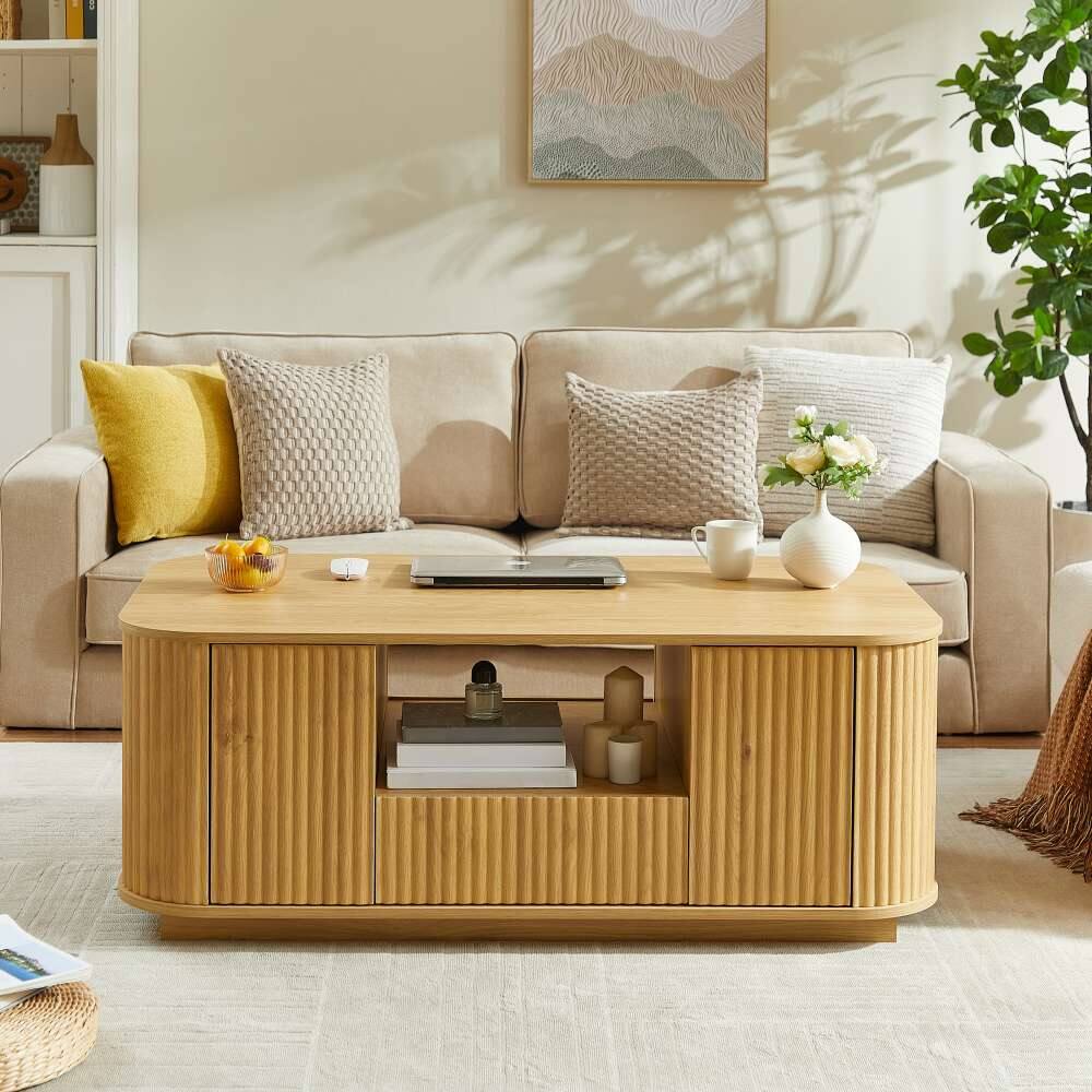 Front. Lirago - 47" Modern Oval Coffee Table Natural with Drawers Storage Open shelving Compartments Curved Contour Design - Brown.