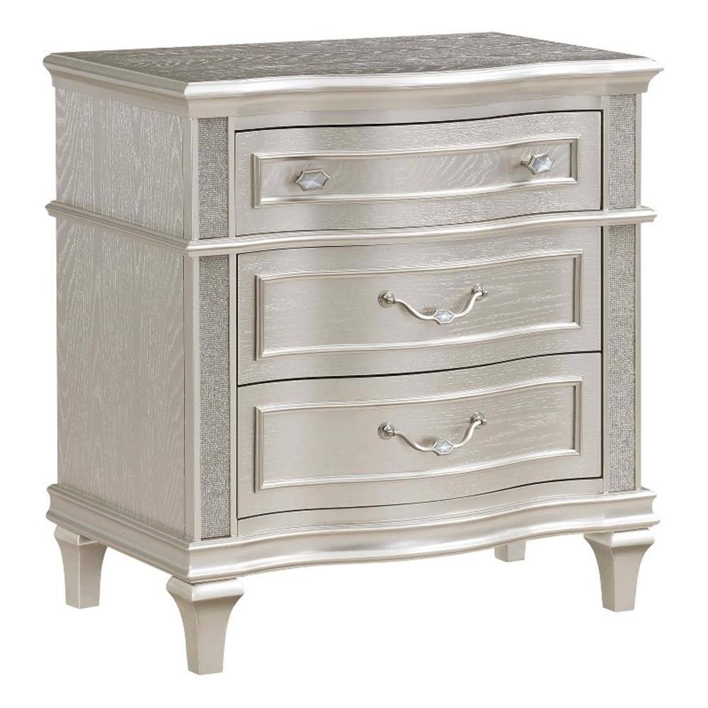 Angle. Coaster Home Furnishings - Evangeline 3-drawer Nightstand - Silver.