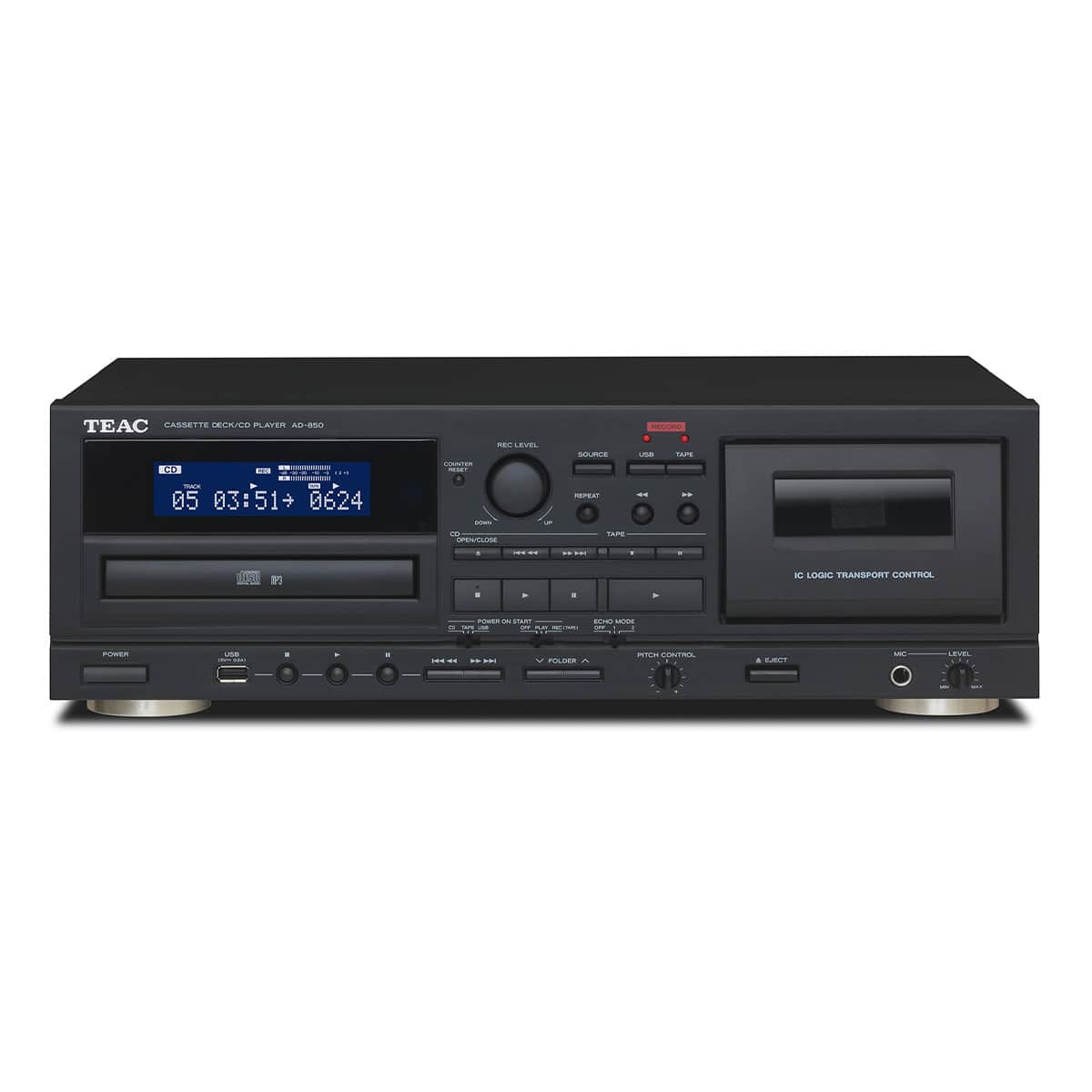TEAC CASSETTE DECK/CD PLAYER AD-850
- SOURCE
- USB
- TAPE
- REC LEVEL
- POWER
- FOLDER
- PITCH CONTROL
- MIC LEVEL
- ECHO MORE
- REPEAT
- IC LOGIC TRANSPORT CONTROL
- POWER ON/START
- USB
- USER
- CD
- 05 03:51 + 0624