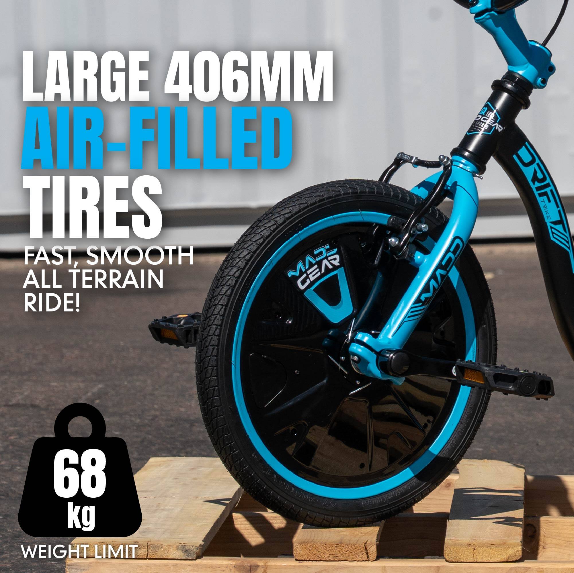 LARGE 406MM AIR-FILLED TIRES  
FAST, SMOOTH ALL TERRAIN RIDE!  
68 kg WEIGHT LIMIT
