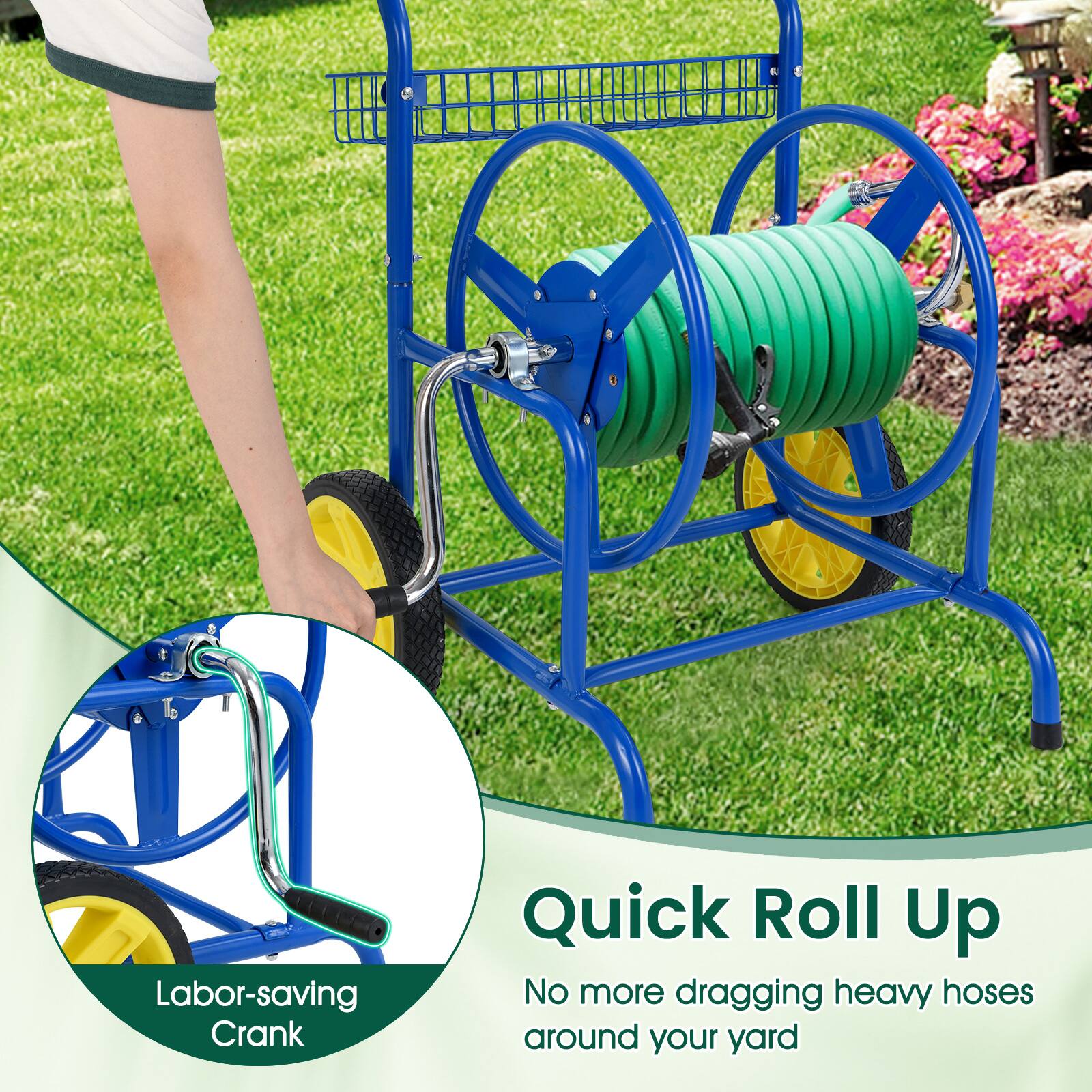 Gymax - Garden Hose Reel Cart 230 FT of 5/8'' Large Capacity w/ 2 Wheels Storage Basket - Blue - Thumbnail 4
