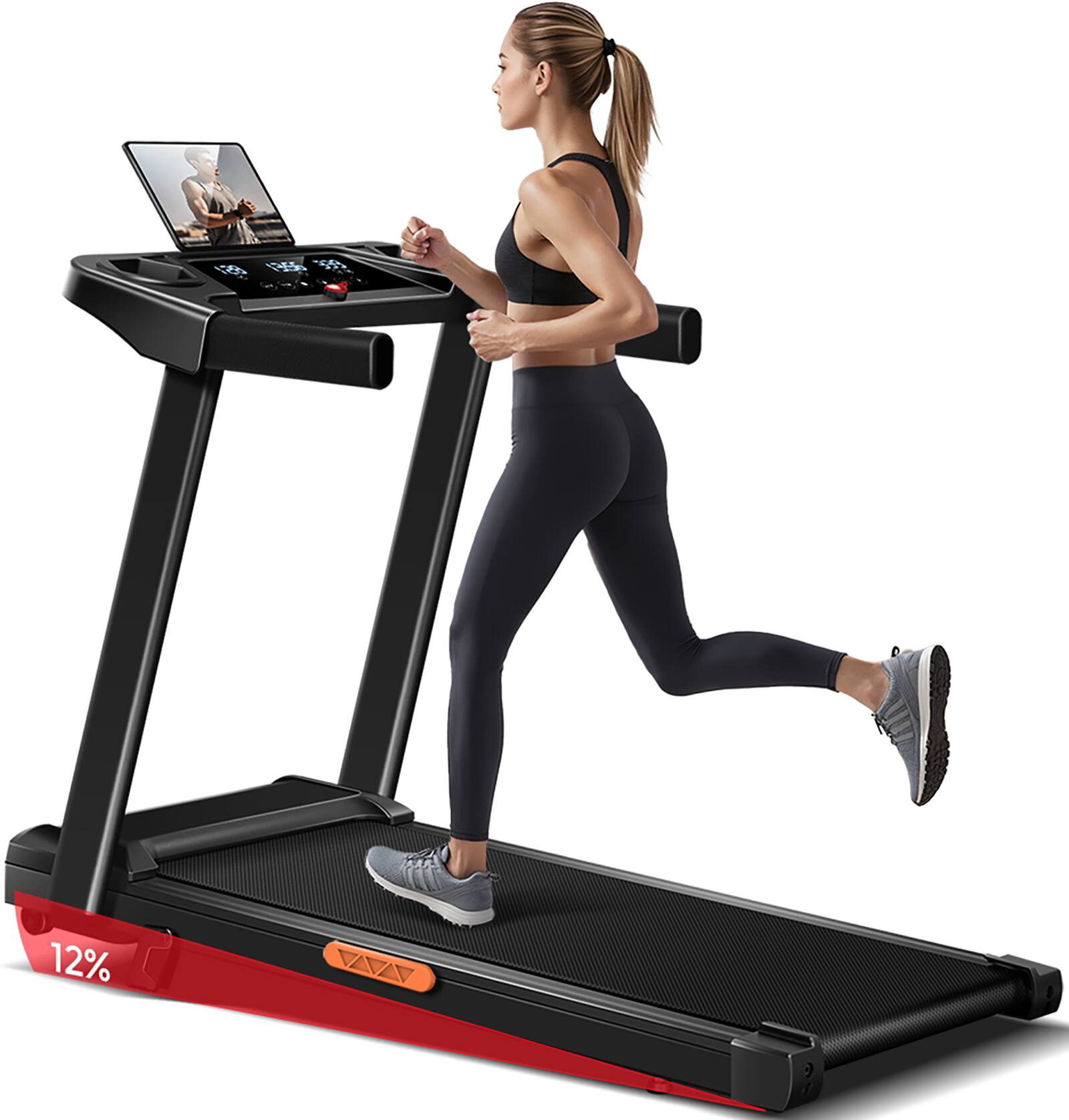 Front. ROBORE - SF10 Treadmill, 12% Incline, Electric Treadmill 12KM/H, Foldable for home, 3.0 HP Motor, LED Display, Maximum Load 136KG - Black.