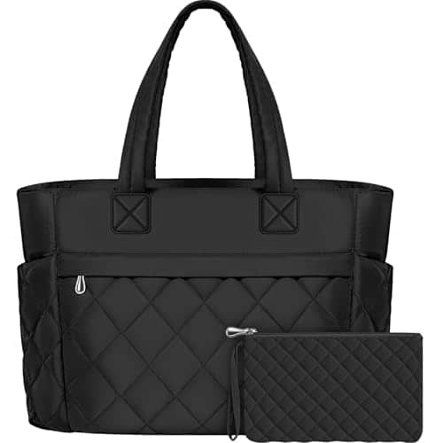 DORLUKFU - Tote Bag for Women, 15.6 Inch Laptop Bag, Large Quilted Work Shoulder Bag Ultra Lightweight Puffer Handbag for Travel - Black