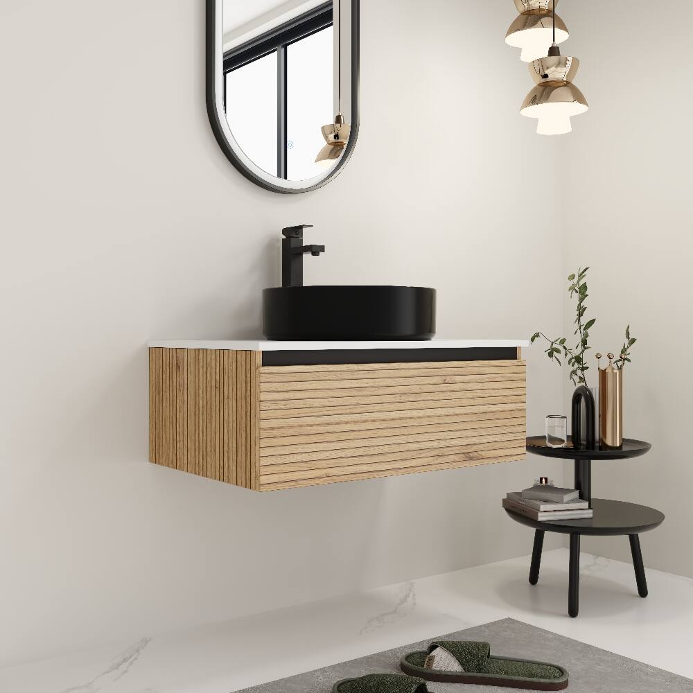 Left. Loheer - Loheer 30 inch wall mounted bathroom vanity Light Coffee with Black Art Ceramic Sink - Light Coffee.