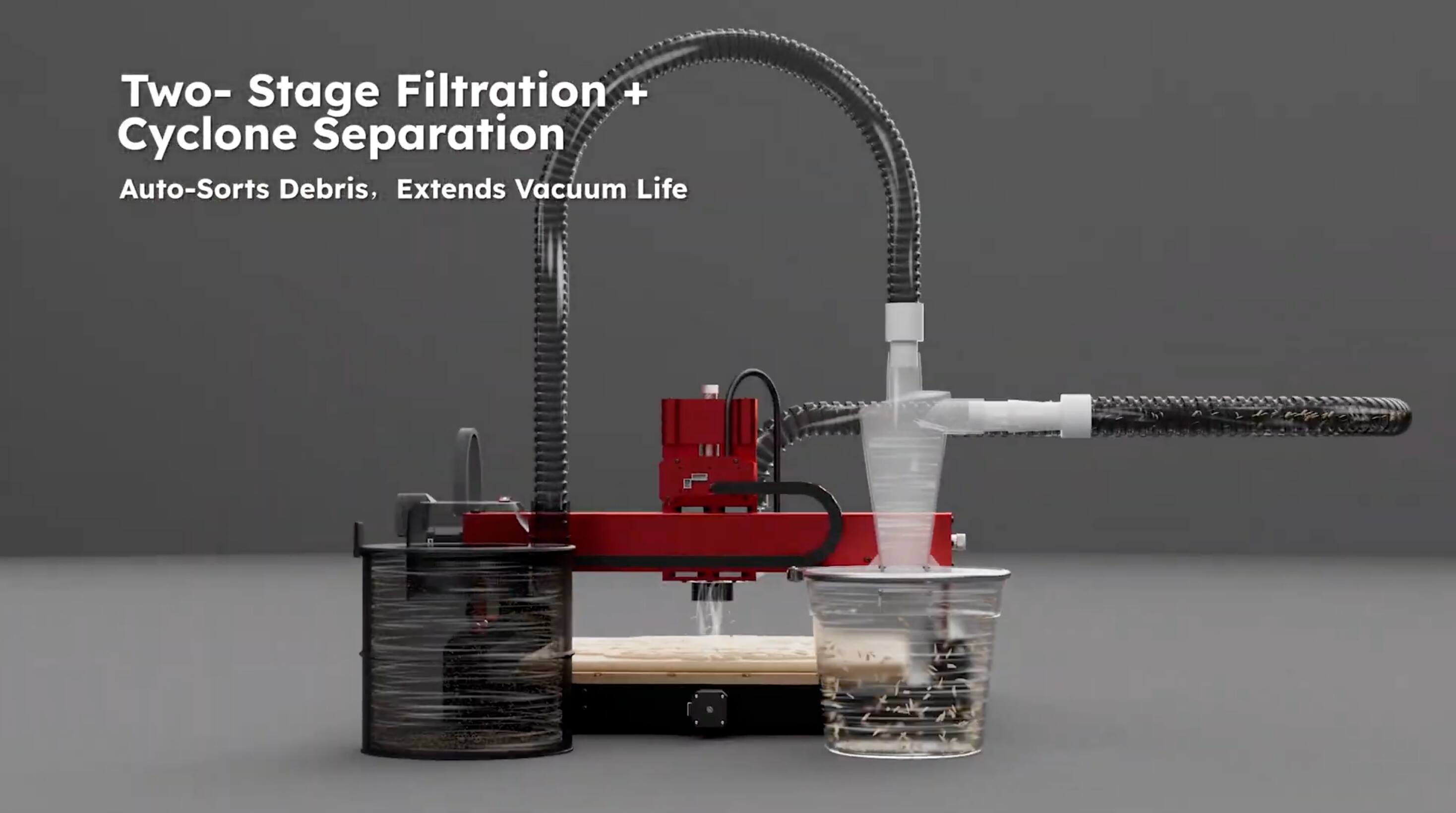 Two-Stage Filtration + Cyclone Separation  
Auto-Sorts Debris, Extends Vacuum Life