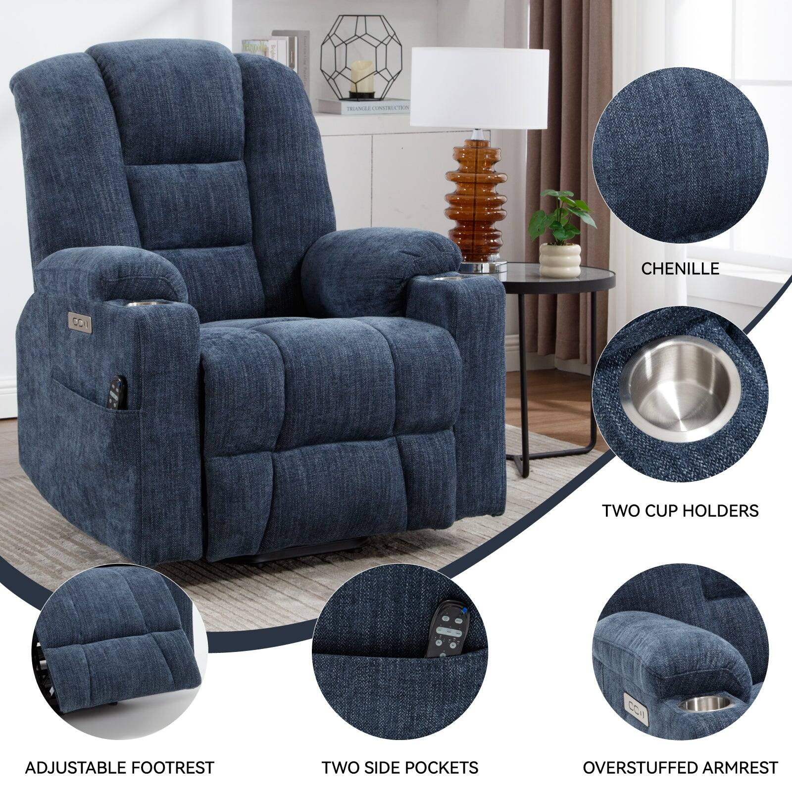 - Chenille
- Two Cup Holders
- Adjustable Footrest
- Two Side Pockets
- Overstuffed Armrest