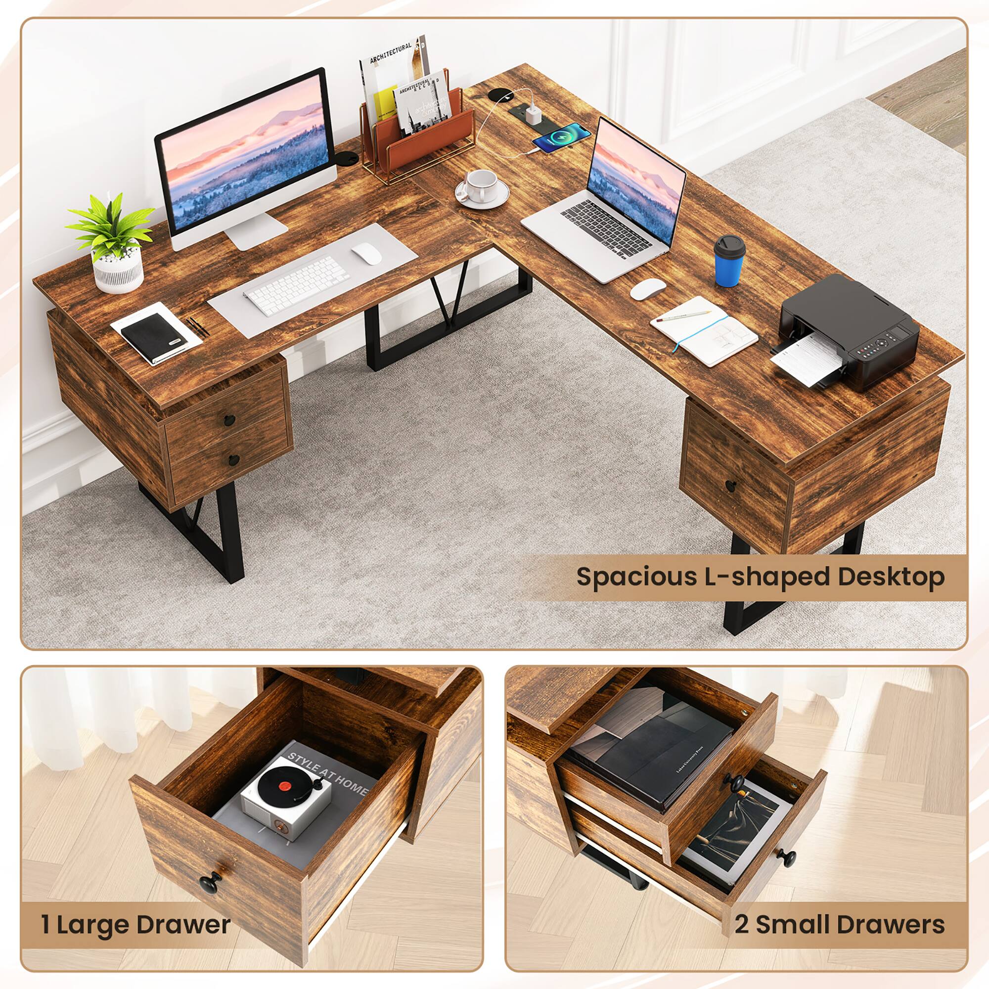 Gymax 59'' L shaped Computer Desk w/ Charging Station Corner Desk Gymax 59'' L shaped Computer Desk w/ Charging Station Corner Desk