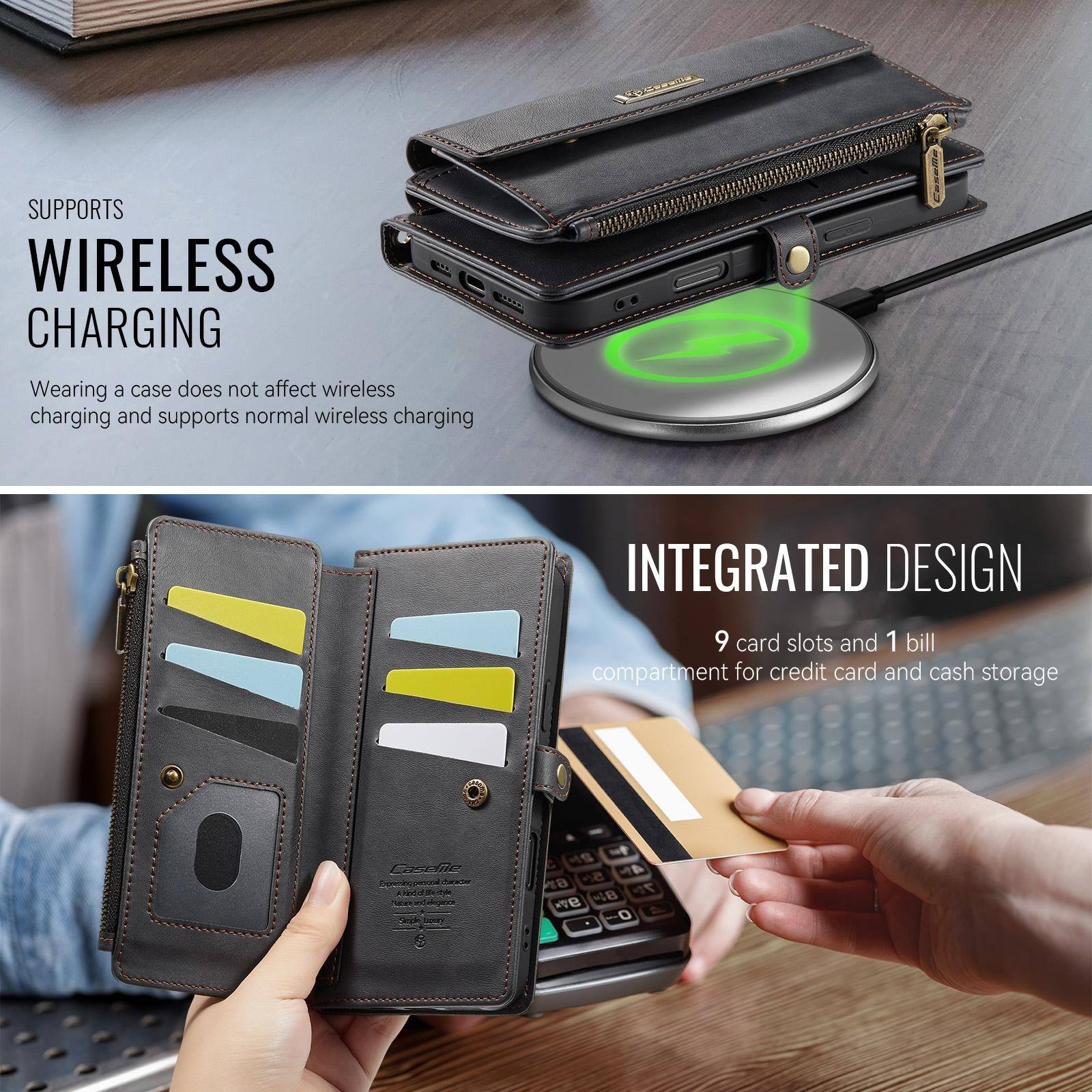 1,000

SUPPORTS WIRELESS CHARGING
Wearing a case does not affect wireless charging and supports normal wireless charging

INTEGRATED DESIGN
9 card slots and 1 bill compartment for credit card and cash storage

Caselie Cheer and Bestyle Icen.andelogence

1 6 5(- 48 70 9Wx 0