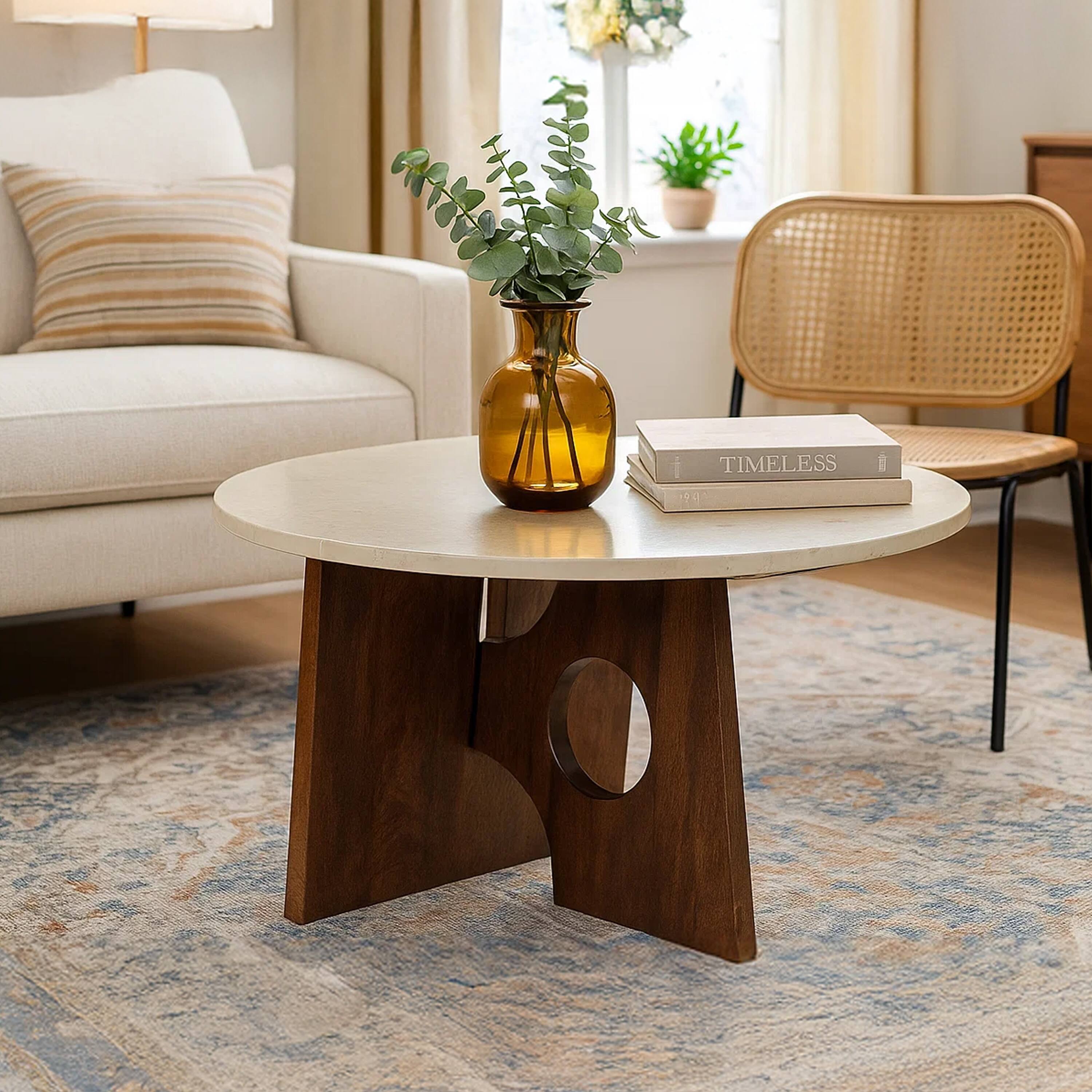 Alt View 9. Manhattan Lane - Kali Coffee Table, 27" Natural Round Marble Tabletop, Mango Wood Sculptural Base - Brown, White.