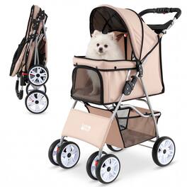 Gymax - 4-Wheel Pet Stroller for Dogs Cats up to 33 LBS Foldable w/ Breathable Mesh Beige