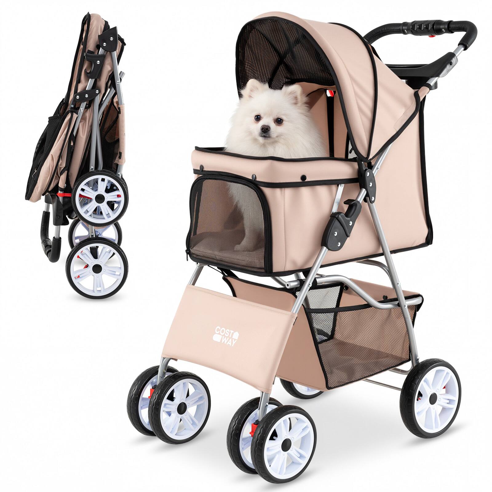 Gymax - 4-Wheel Pet Stroller for Dogs Cats up to 33 LBS Foldable w/ Breathable Mesh Beige