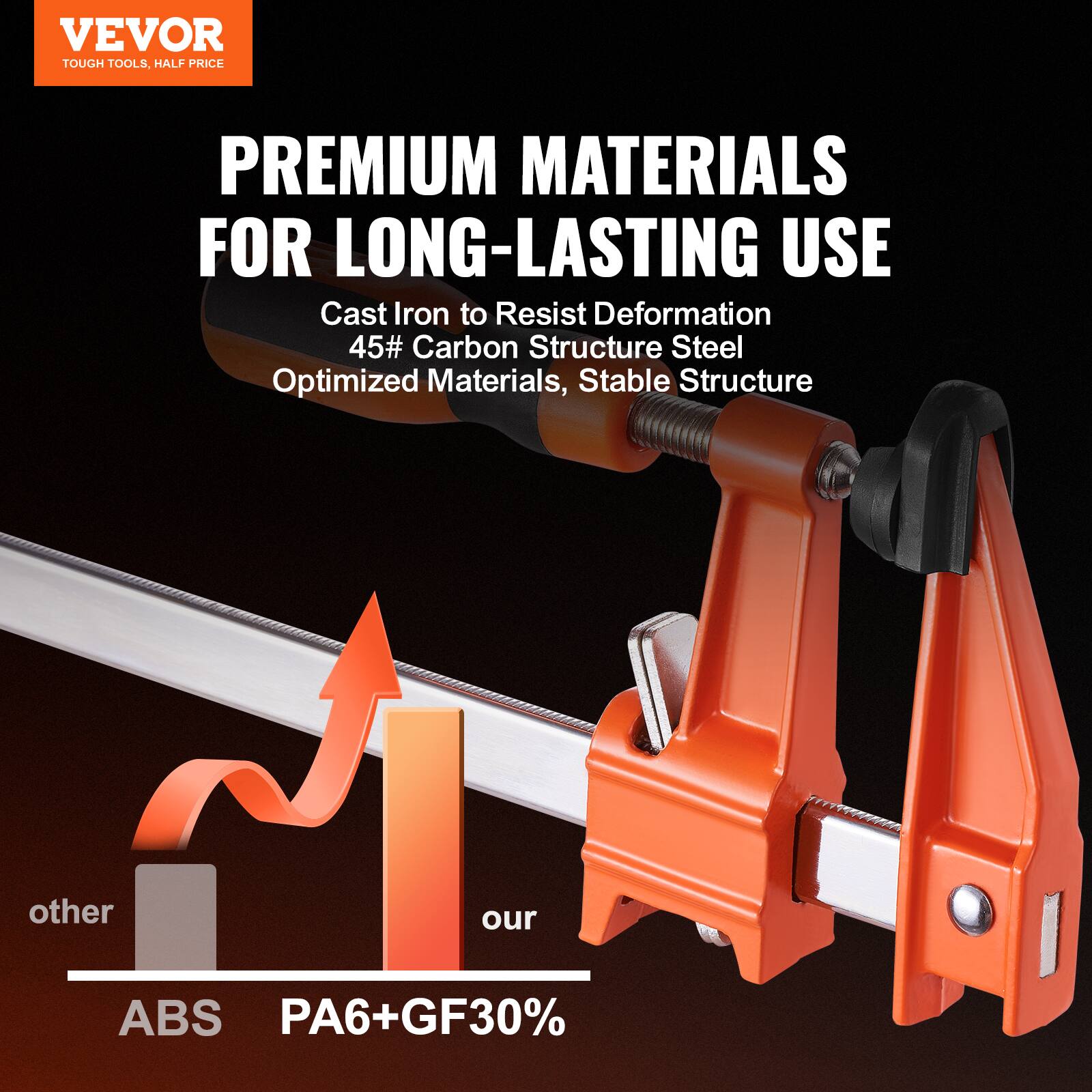VEVOR  
TOUGH TOOLS, HALF PRICE

PREMIUM MATERIALS FOR LONG-LASTING USE

Cast Iron to Resist Deformation  
45# Carbon Structure Steel  
Optimized Materials, Stable Structure

other  
ABS

our  
PA6+GF30%