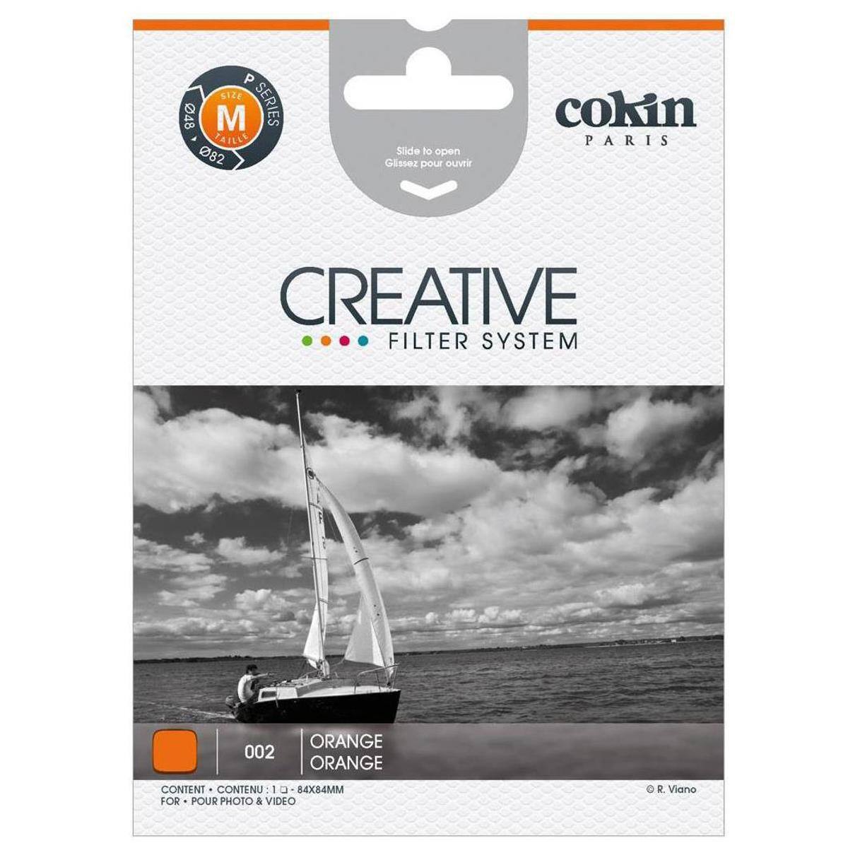 P SIZE 48 TAILLE M SERIES 082  
Slide of open Glissez pour ouvrir  
cokin PARIS  
CREATIVE FILTER SYSTEM  
002  
ORANGE ORANGE  
CONTENT CONTENU : 1 84X84MM FOR POUR PHOTO & VIDEO  
OR Viano