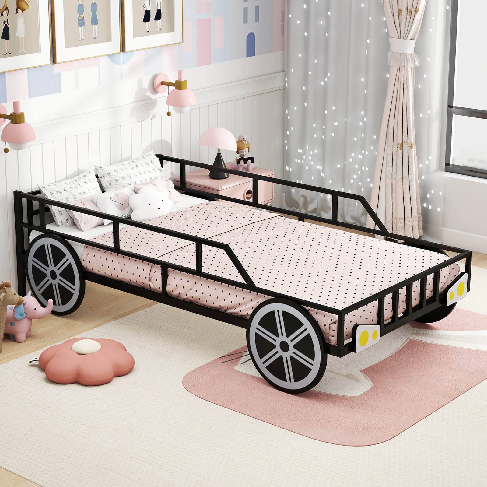 Alt View 1. Costway - Costway Twin Car-Shaped Metal Bed Frame with Wheels Decorations Safety Guardrails - Black.