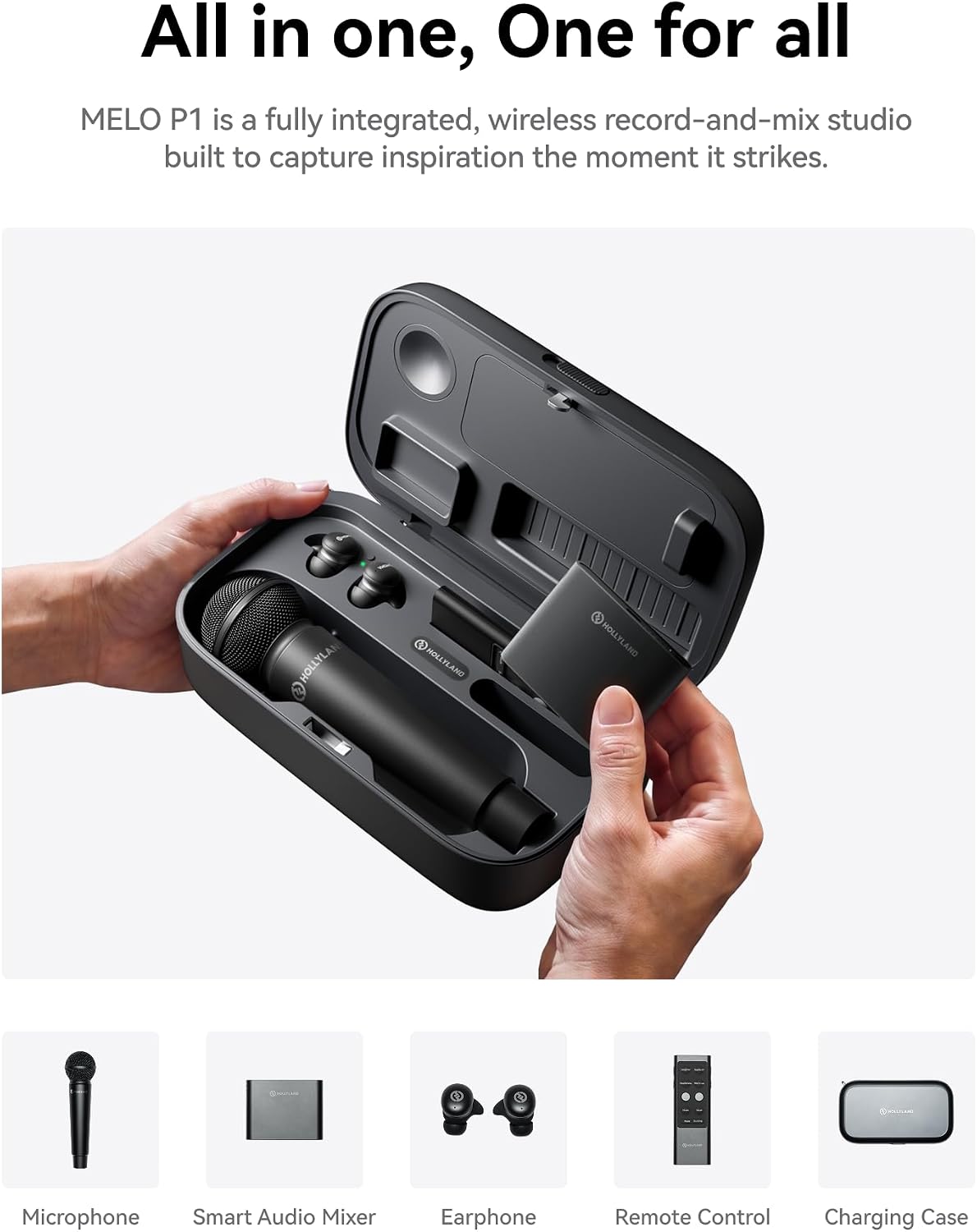 All in one, One for all

MELO P1 is a fully integrated, wireless record-and-mix studio built to capture inspiration the moment it strikes.

HOLLYLAND

- Microphone
- Smart Audio Mixer
- Earphone
- Remote Control
- Charging Case