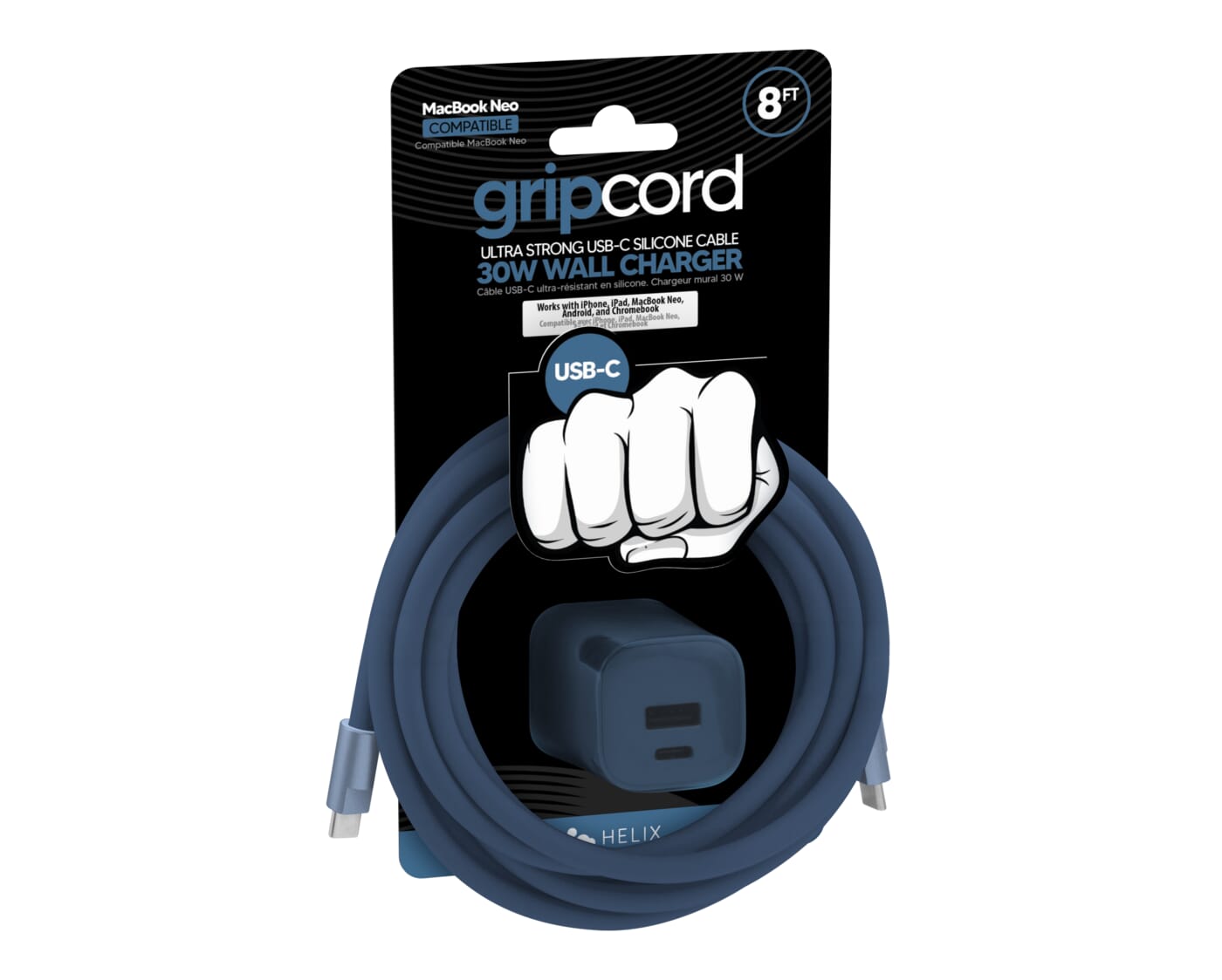 FT MacBook Neo 8FT COMPATIBLE MacBook Neo Compatible gripcord CABLE STRONG USB-C SILICONE ULTRA 30W WALL CHARGER mural 30 W ultra-resistant en silicone Chargeur Cable USB-C C ultra iPad MacBook Neo. Works with iPhone, Chromebook, Android and iPad Compatibility USB-C HELIX