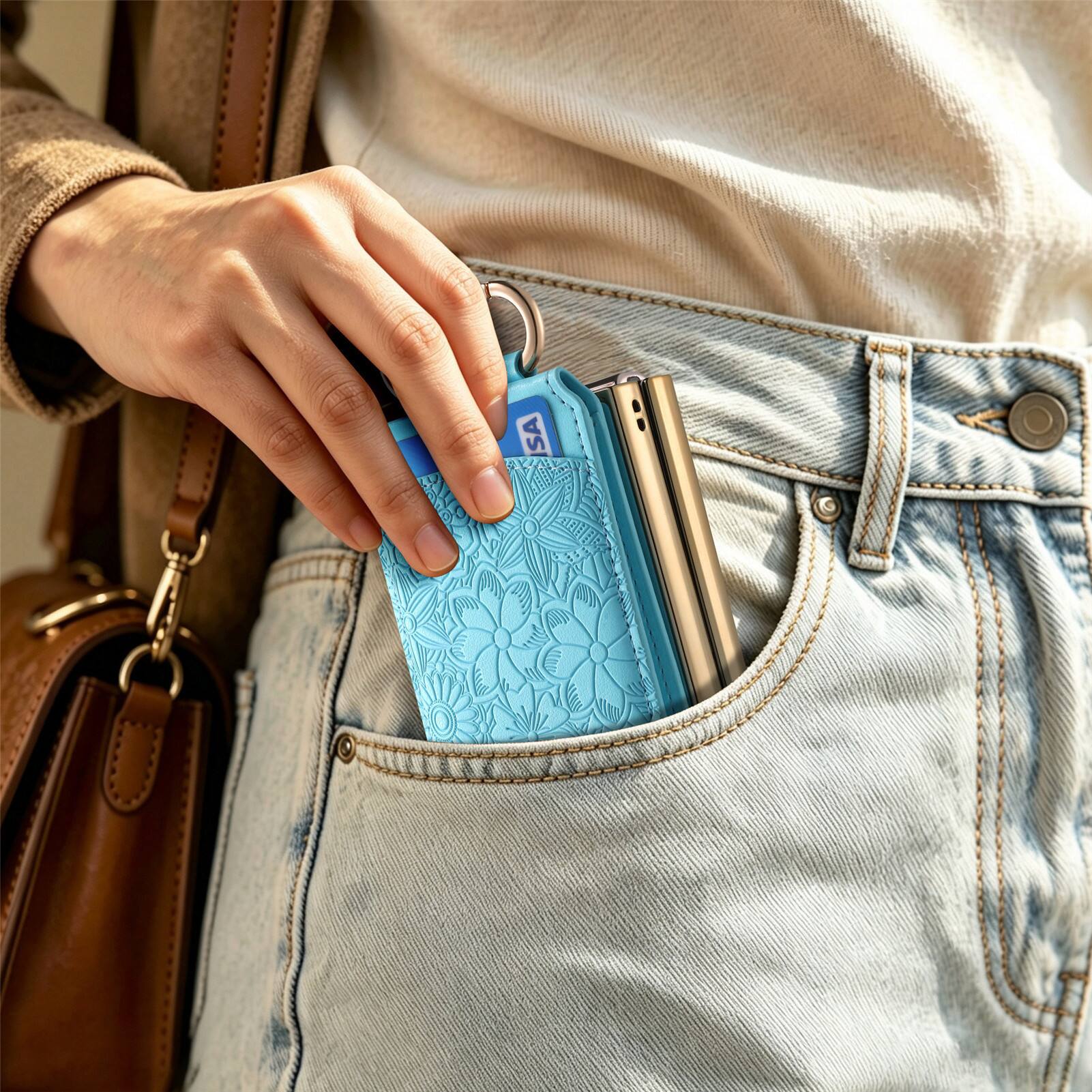 Alt View 8. Dteck - Shockproof Leather Wallet Phone Case for Samsung Galaxy Z Flip8 with Ring Clasp, Rigid Plastic Floral Flip Stand Cover - Blue.