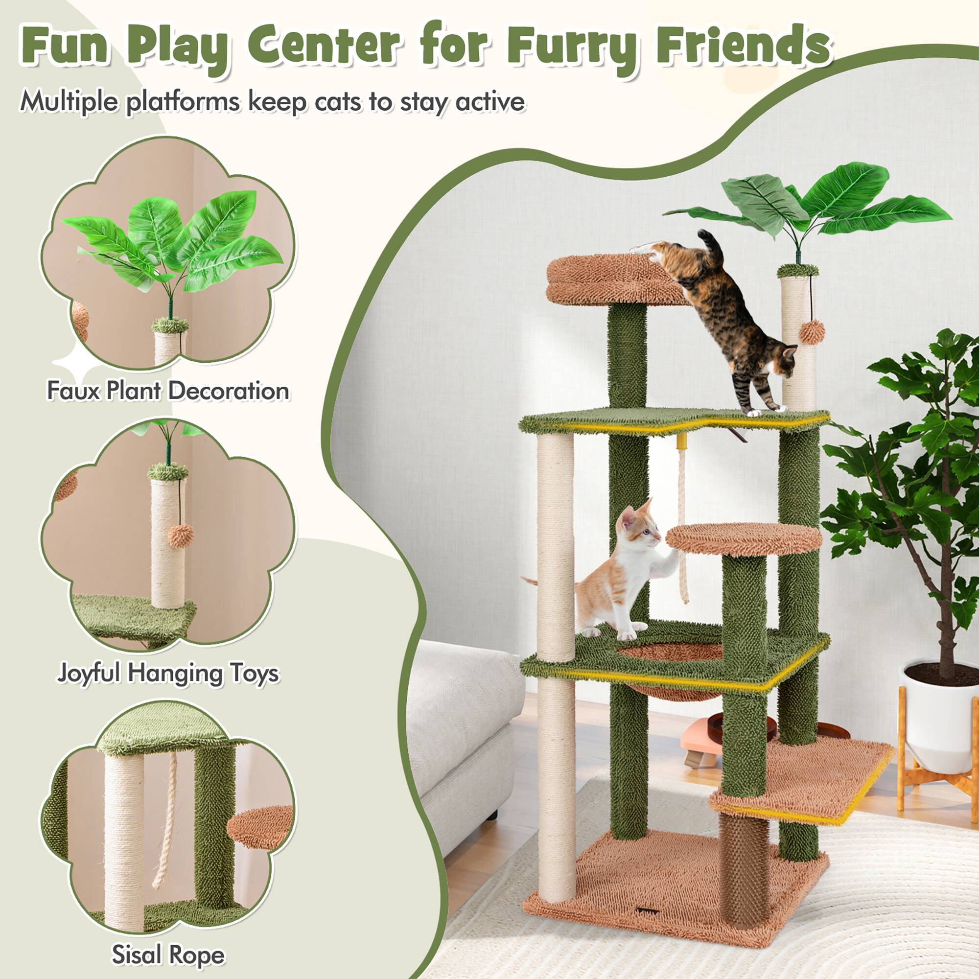 Fun Play Center for Furry Friends  
Multiple platforms keep cats to stay active  

- Faux Plant Decoration  
- Joyful Hanging Toys  
- Sisal Rope
