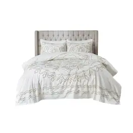 Gracie Mills - Gertrude 3 Piece Tufted Cotton Chenille Coverlet Set - Ivory/Taupe