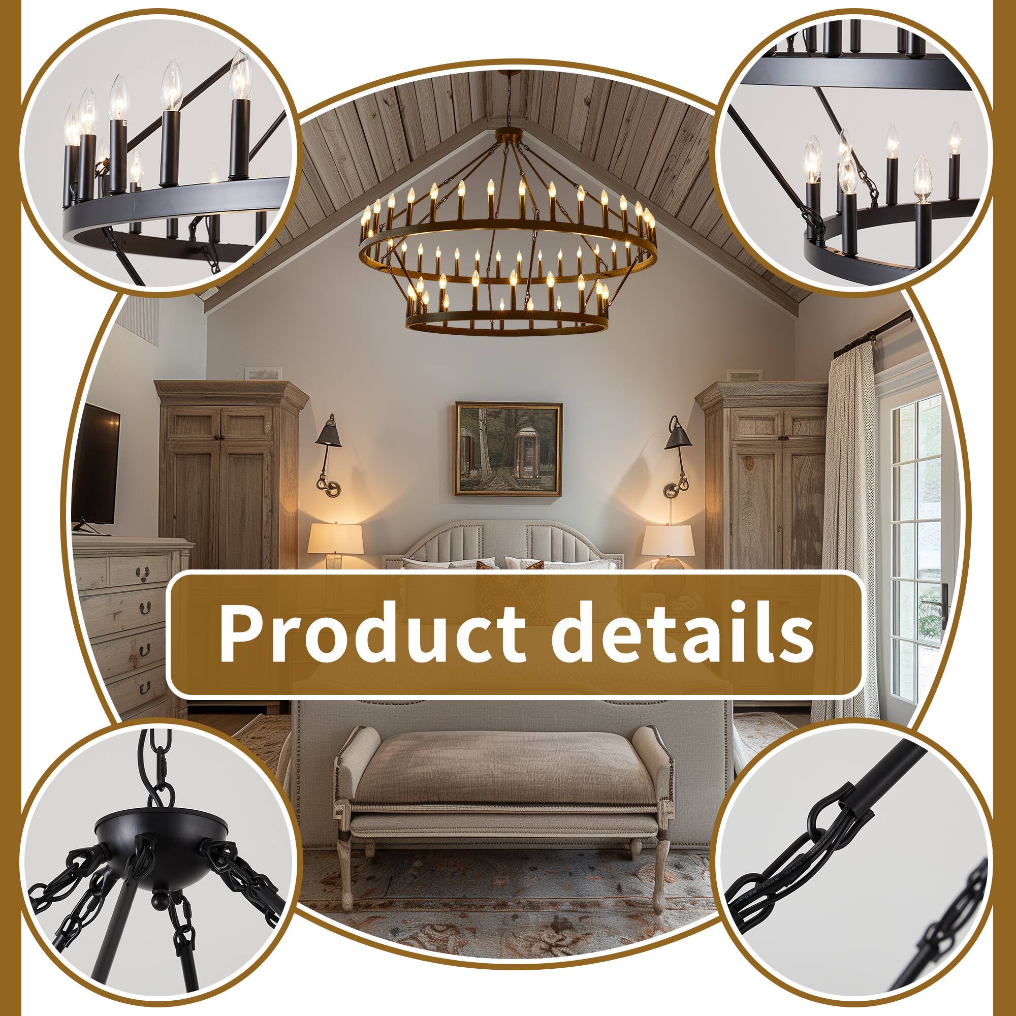 Alt View 2. RYHNUYNE - 60 Inch Black Extra Large Wagon Wheel Chandelier – 2-Tier 54-Light Farmhouse Industrial Pendant Light for High Ceilings - Black.