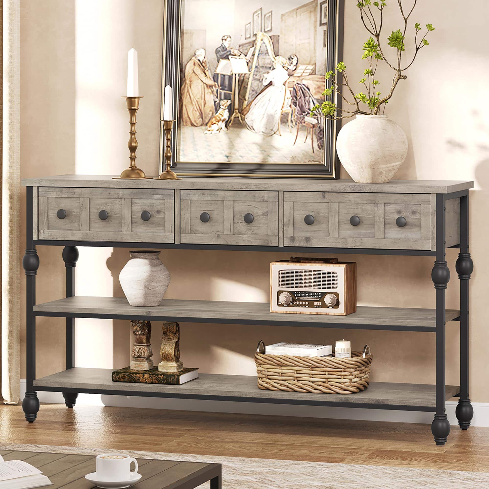 Jojoka - 52" Console Table, Entryway Table with 3 Storage Drawers, 3 Tier Industrial Metal Sofa Table - Gray