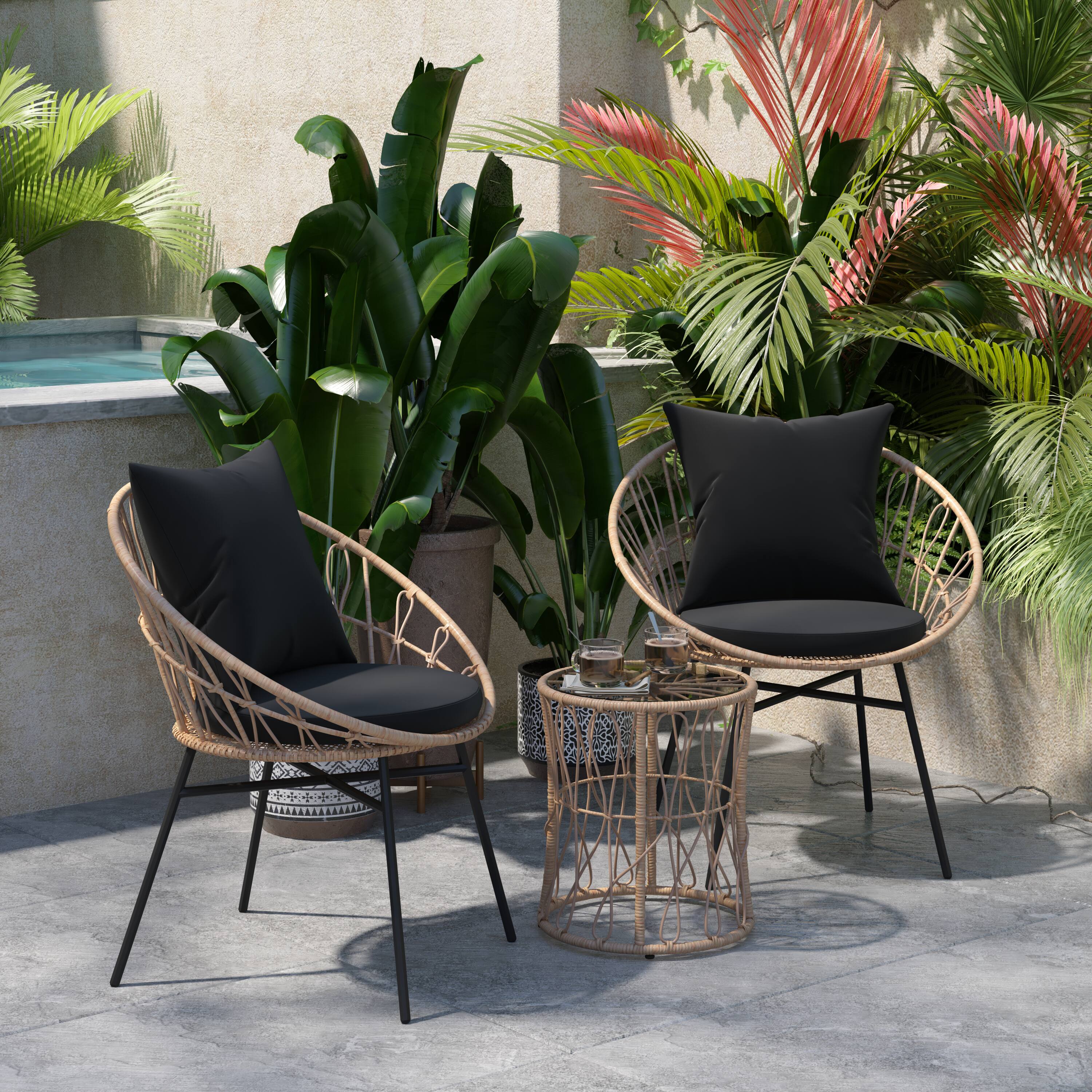 Alt View 3. Emma + Oliver - Ari 3 Piece Boho Patio Set - Faux Rattan Rope Papasan Style Chairs with Cushions and Glass Topped Side Table - Black Cushions/Tan Frame.