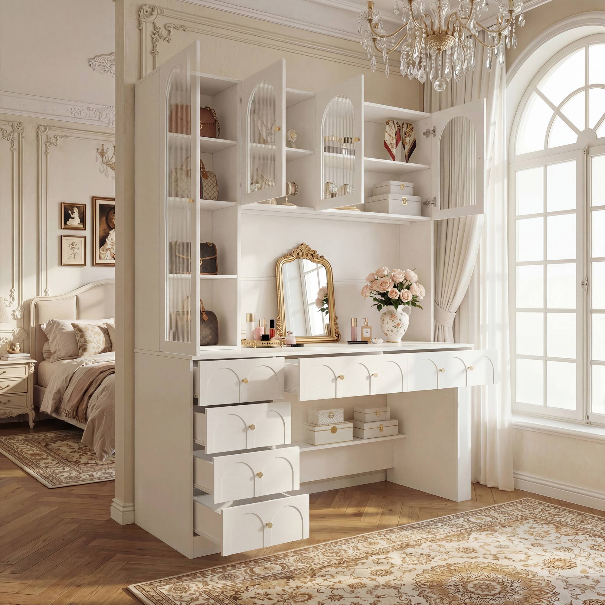 Left. Famapy - French Vintage Vanity & Desk Combo – White Arched Cabinet with Drawer, Glass Doors, for Bedroom or Home Office - White.