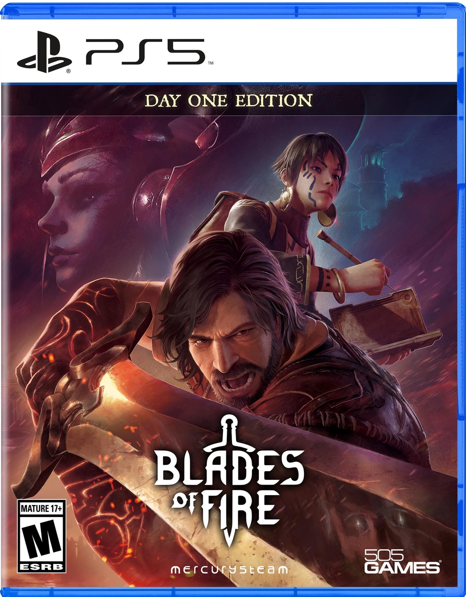 "PS5 Day One Edition, Mature 17+, M ESRB, Blades of Fire, 505 Games, Mercurysteam."