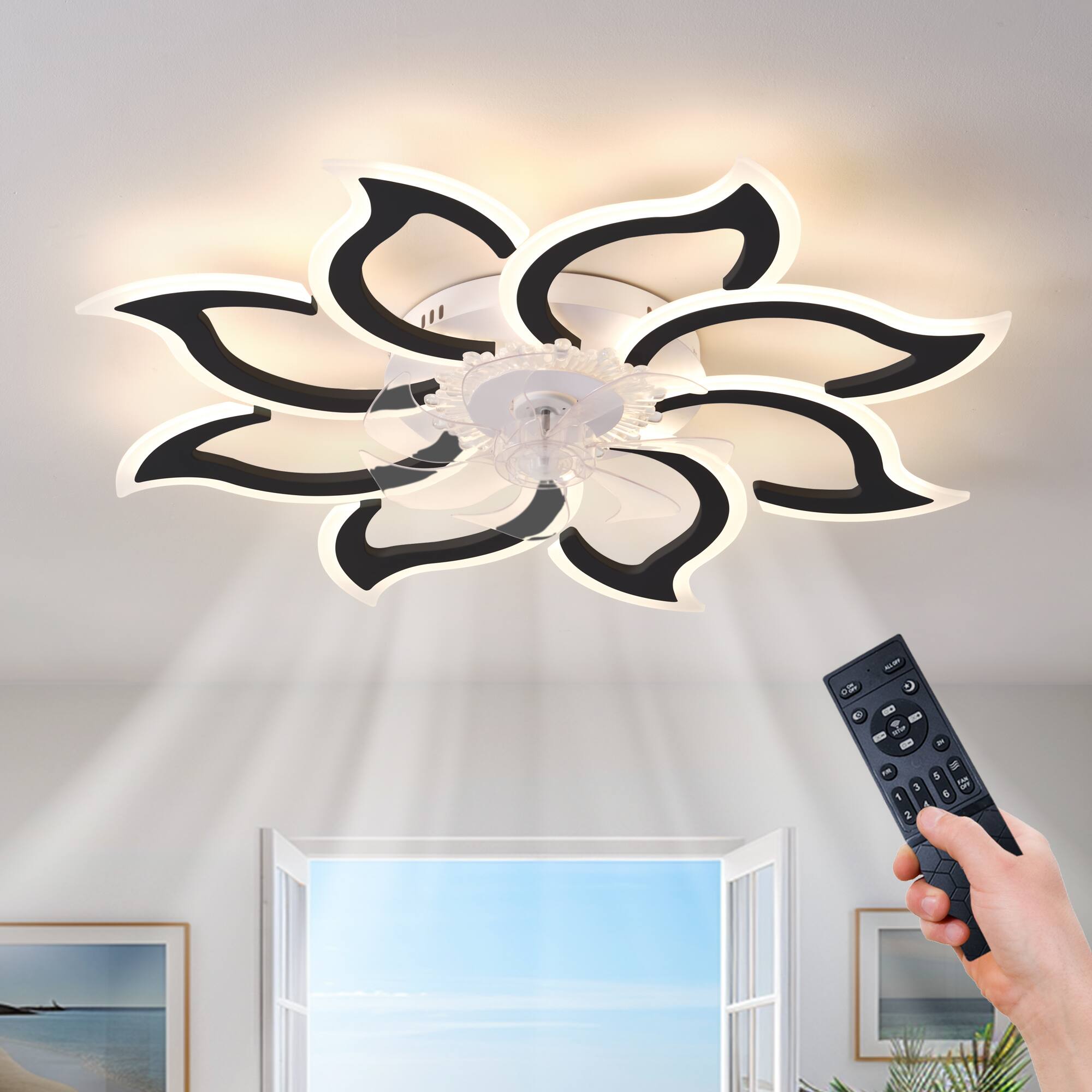 Left. TinyHomie - 37In Black Ceiling Fan with Lights Remote Control 3 Color Temperatures 6 Gear wind Speed Fan Light.