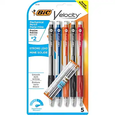 Sure, here is the corrected and grouped text from the image:
---
**BIC Velocity**
**Mechanical Pencil**
**Porte-mine**
**Precise**
**0.5 mm**
**#2**
**STRONG LEAD**
**MINE SOLIDE**
**Smooth dark writing**
**Écriture noire douce**
**5**
---
**Nouveautés**
**New**
**41191**
**Smoothness**
**Douceur**
**5**
---