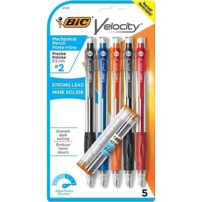 Sure, here is the corrected and grouped text from the image:

---

**BIC Velocity**

**Mechanical Pencil**  
**Porte-mine**  
**Precise**  
**0.5 mm**  
**#2**

**STRONG LEAD**  
**MINE SOLIDE**

**Smooth dark writing**  
**Écriture noire douce**

**5**

---

**Nouveautés**  
**New**

**41191**

**Smoothness**  
**Douceur**

**5**

---