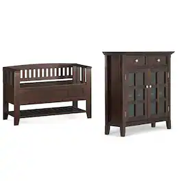 Simpli Home - Acadian Solid Wood 48 inch Wide Storage Bench with Shelf and 36 inch Wide Storage Cabinet - Brunette Brown