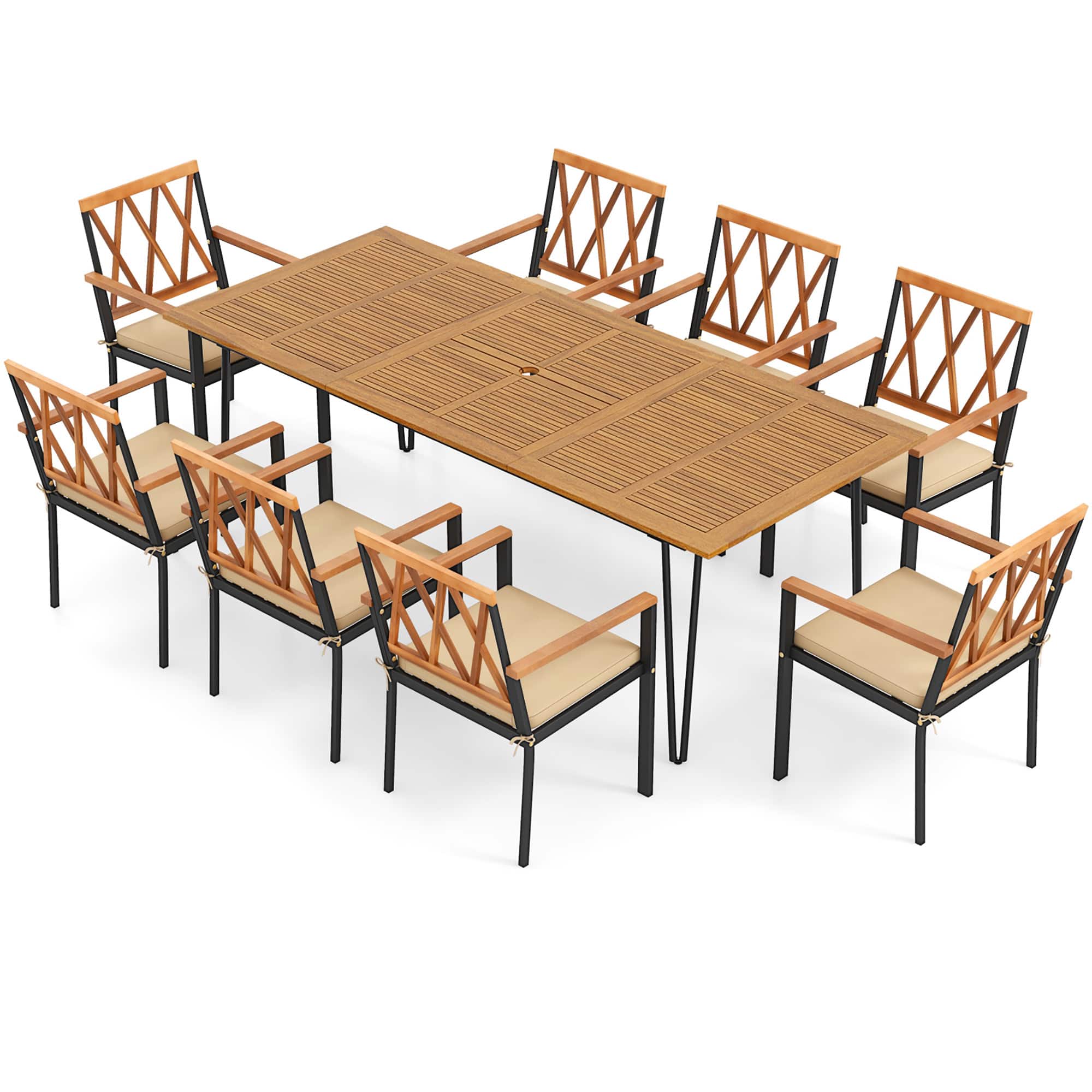 Gymax - 9 PCS Patio Dining Set w/ 8 Chairs Acacia Wood Table Top Umbrella Hole for Yard - Natural, Black price history on PriceWatchPro
