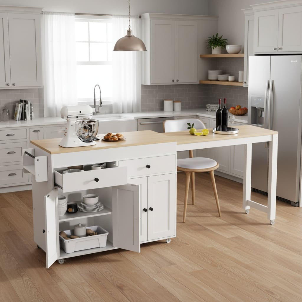 Forest'nSky - Kitchen Island on Wheels, 74.5 inch with Extendable Dining Table, 4 Door Cabinet, 2 Drawers & Spice Rack - White