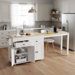 Forest'nSky - Kitchen Island on Wheels, 74.5 inch with Extendable Dining Table, 4 Door Cabinet, 2 Drawers & Spice Rack - White